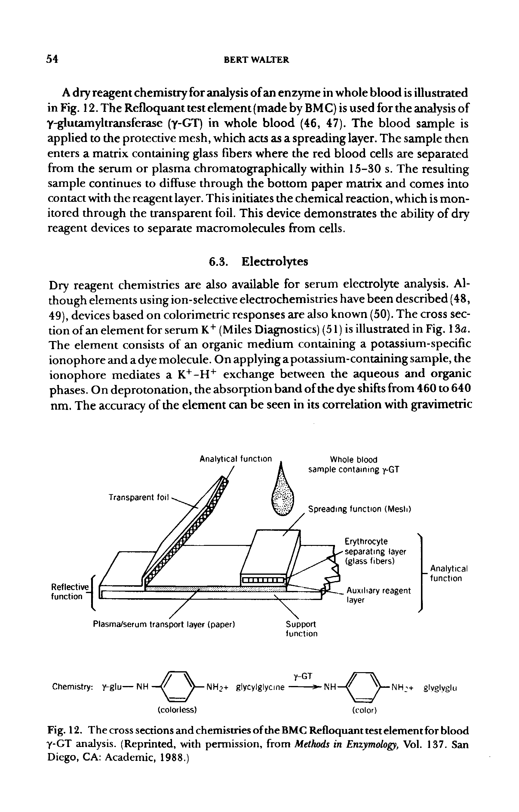 Fig. 12. The cross sections and chemisuries of the BMC Refloquant test element for blood y-GT analysis. (Reprinted, with permission, from Methods in Enzymologf, Vol. 137. San Diego, CA Academic, 1988.)...