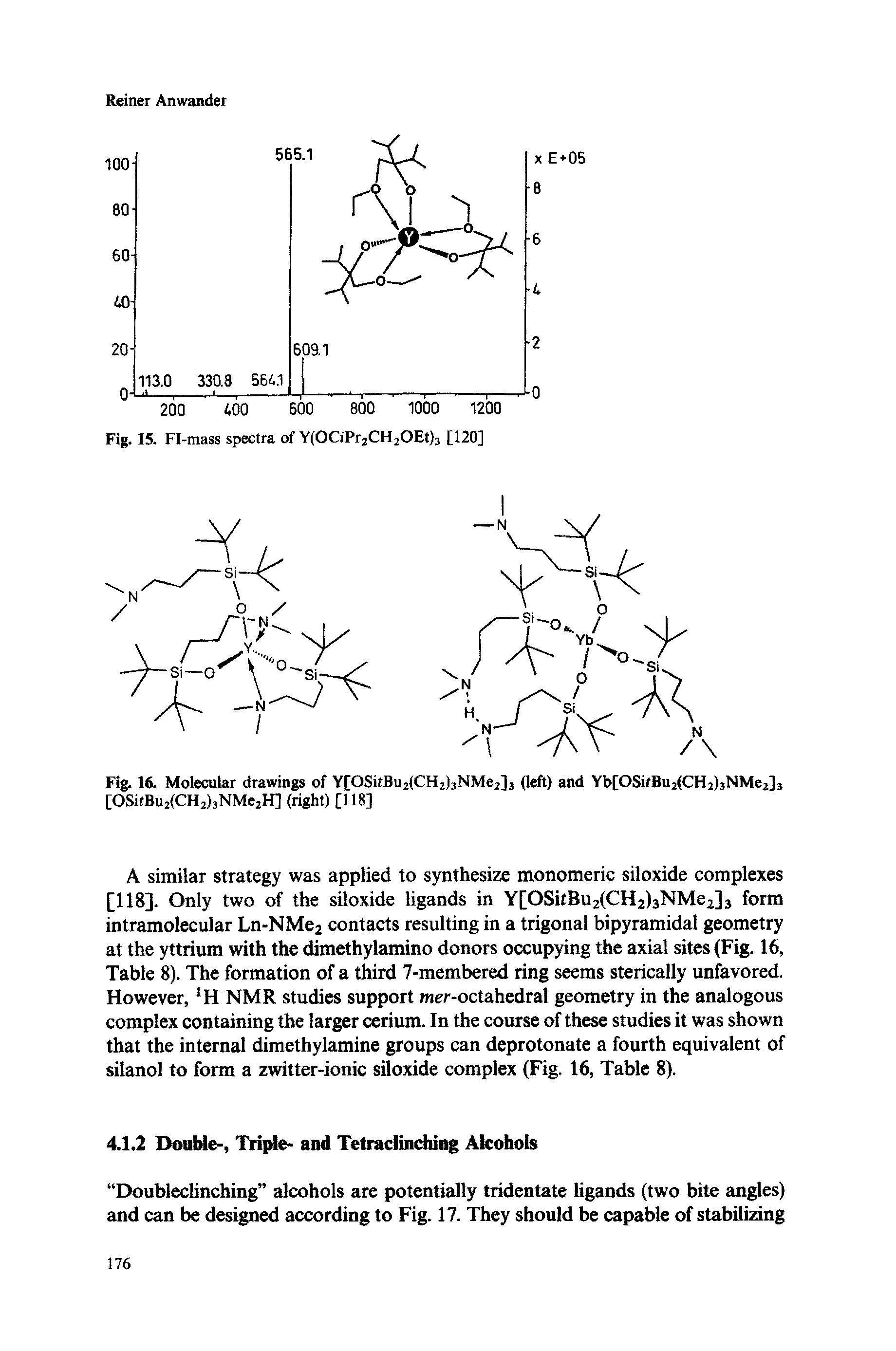 Fig. 16. Molecular drawings of Y[OSifBu2(CH2)3NMe2]3 (left) and Yb[OSi/Bu2(CH2)3NMe2]3 [OSitBu2(CH2)3NMe2H] (right) [118]...