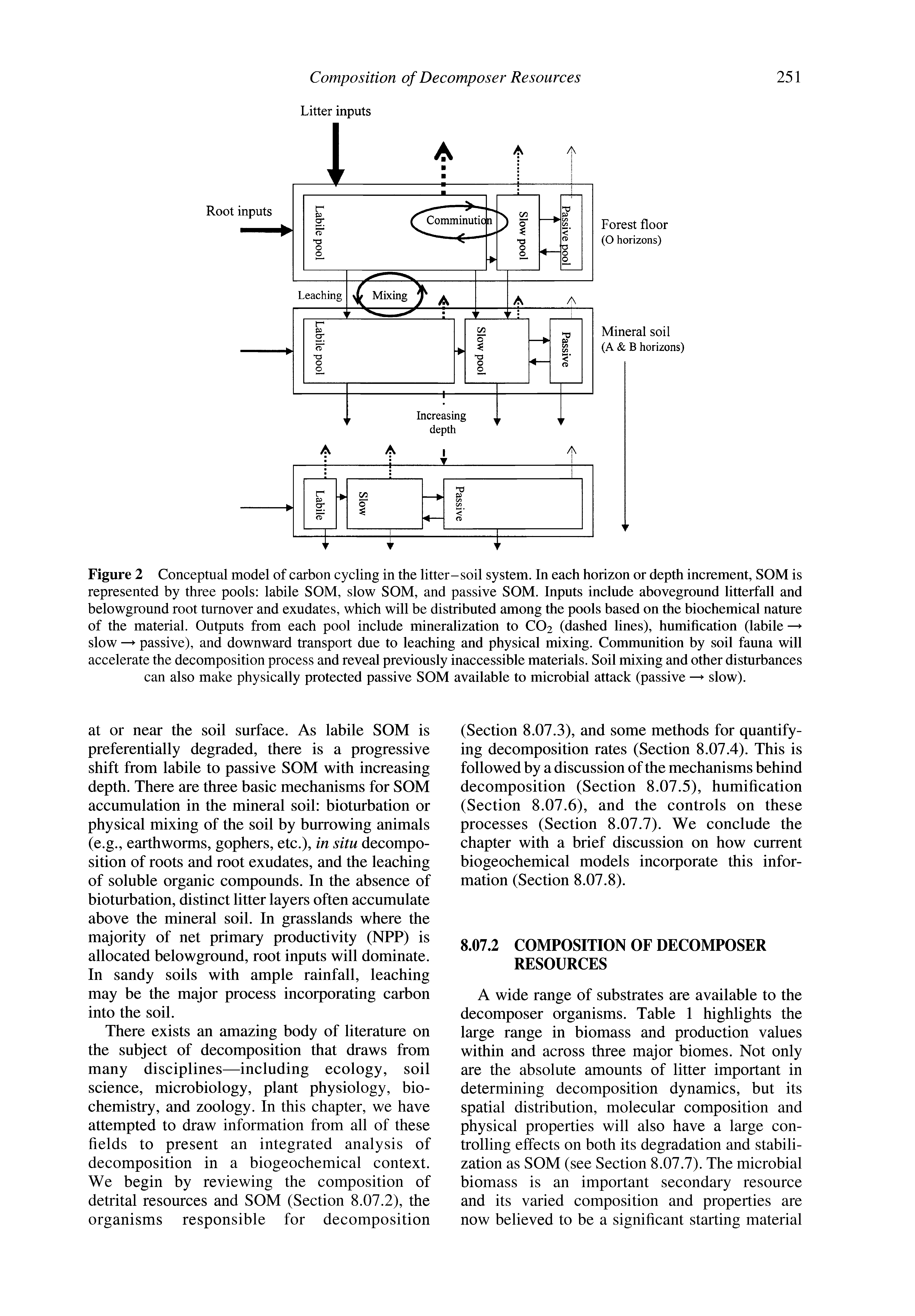 Figure 2 Conceptual model of carbon cycling in the litter-soil system. In each horizon or depth increment, SOM is represented by three pools labile SOM, slow SOM, and passive SOM. Inputs include aboveground litterfall and belowground root turnover and exudates, which will be distributed among the pools based on the biochemical nature of the material. Outputs from each pool include mineralization to CO2 (dashed lines), humification (labile slow passive), and downward transport due to leaching and physical mixing. Communition by soil fauna will accelerate the decomposition process and reveal previously inaeeessible materials. Soil mixing and other disturbances can also make physically protected passive SOM available to microbial attack (passive slow).