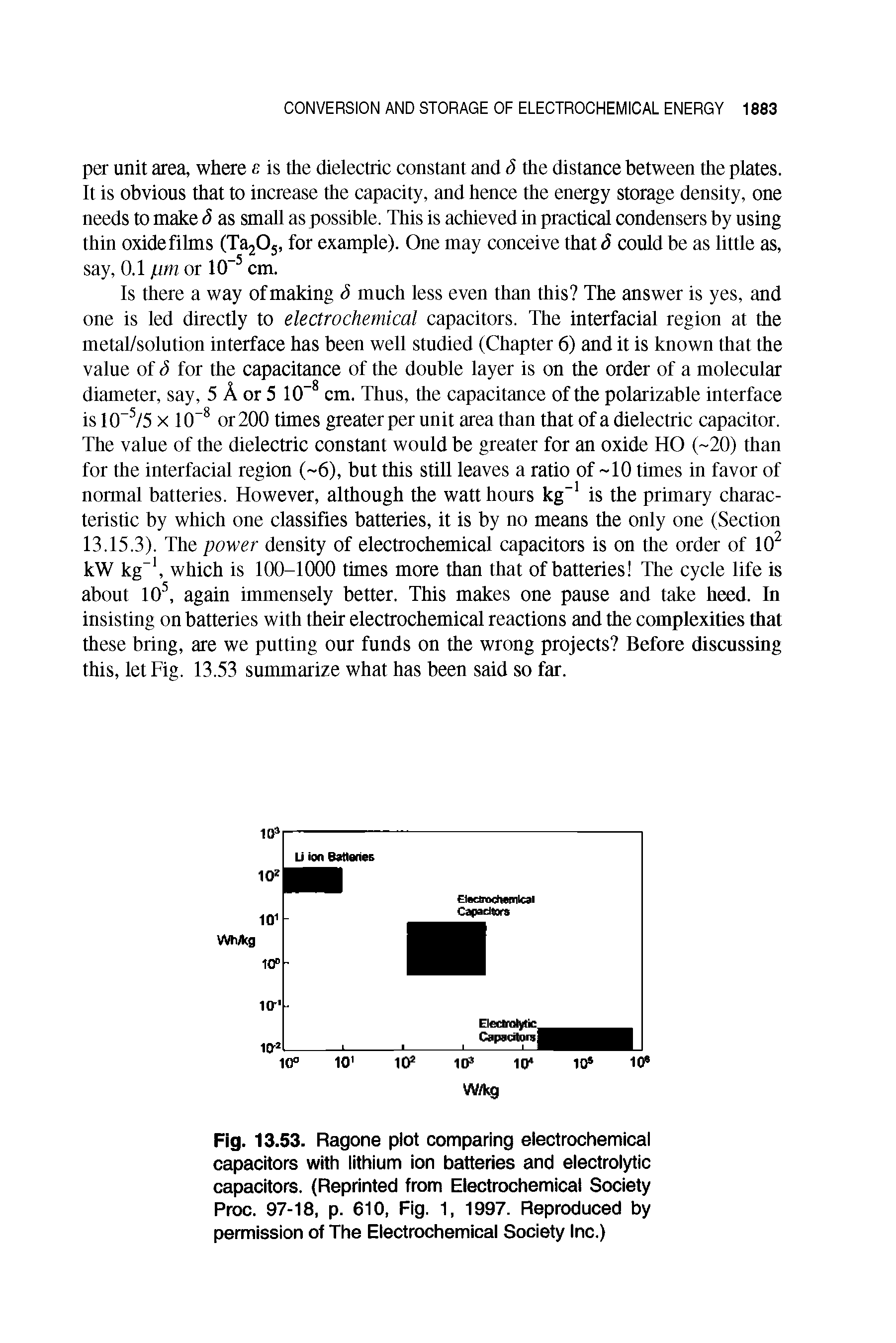 Fig. 13.53. Ragone plot comparing electrochemical capacitors with lithium ion batteries and electrolytic capacitors. (Reprinted from Electrochemical Society Proc. 97-18, p. 610, Fig. 1, 1997. Reproduced by permission of The Electrochemical Society Inc.)...