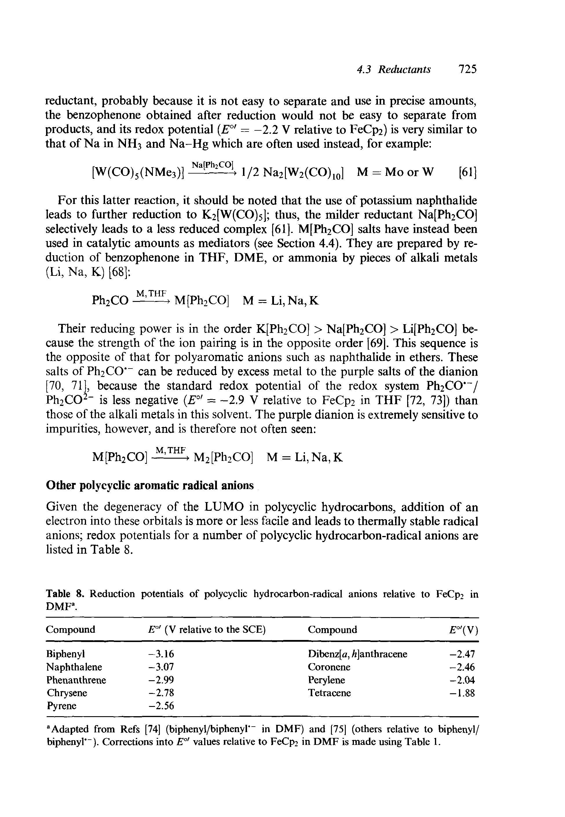 Table 8. Reduction potentials of polycyclic hydrocarbon-radical anions relative to FeCp2 in DMF .