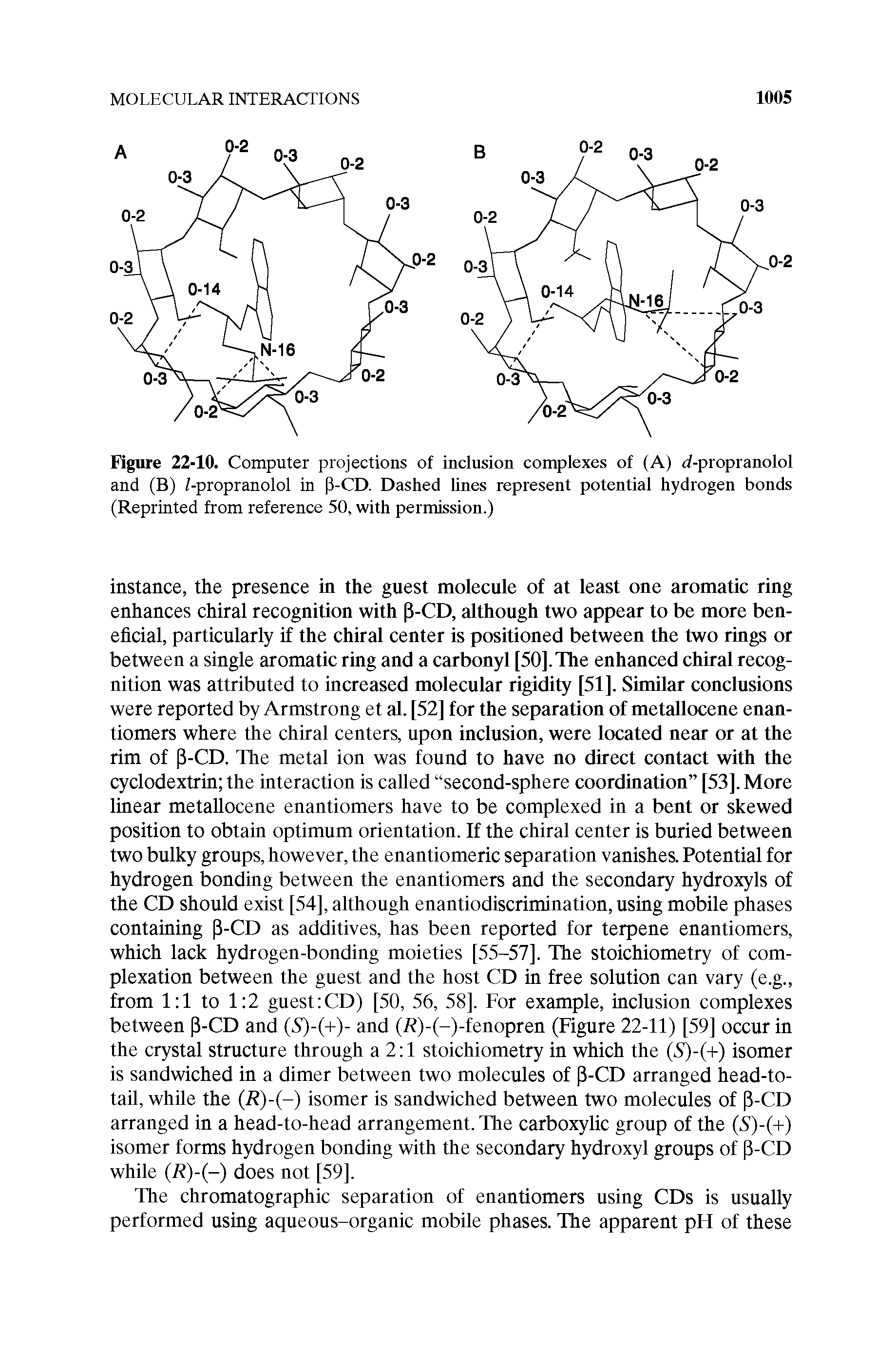 Figure 22-10. Computer projections of inclusion complexes of (A) d-propranolol and (B) Z-propranolol in (l-CD. Dashed lines represent potential hydrogen bonds (Reprinted from reference 50, with permission.)...