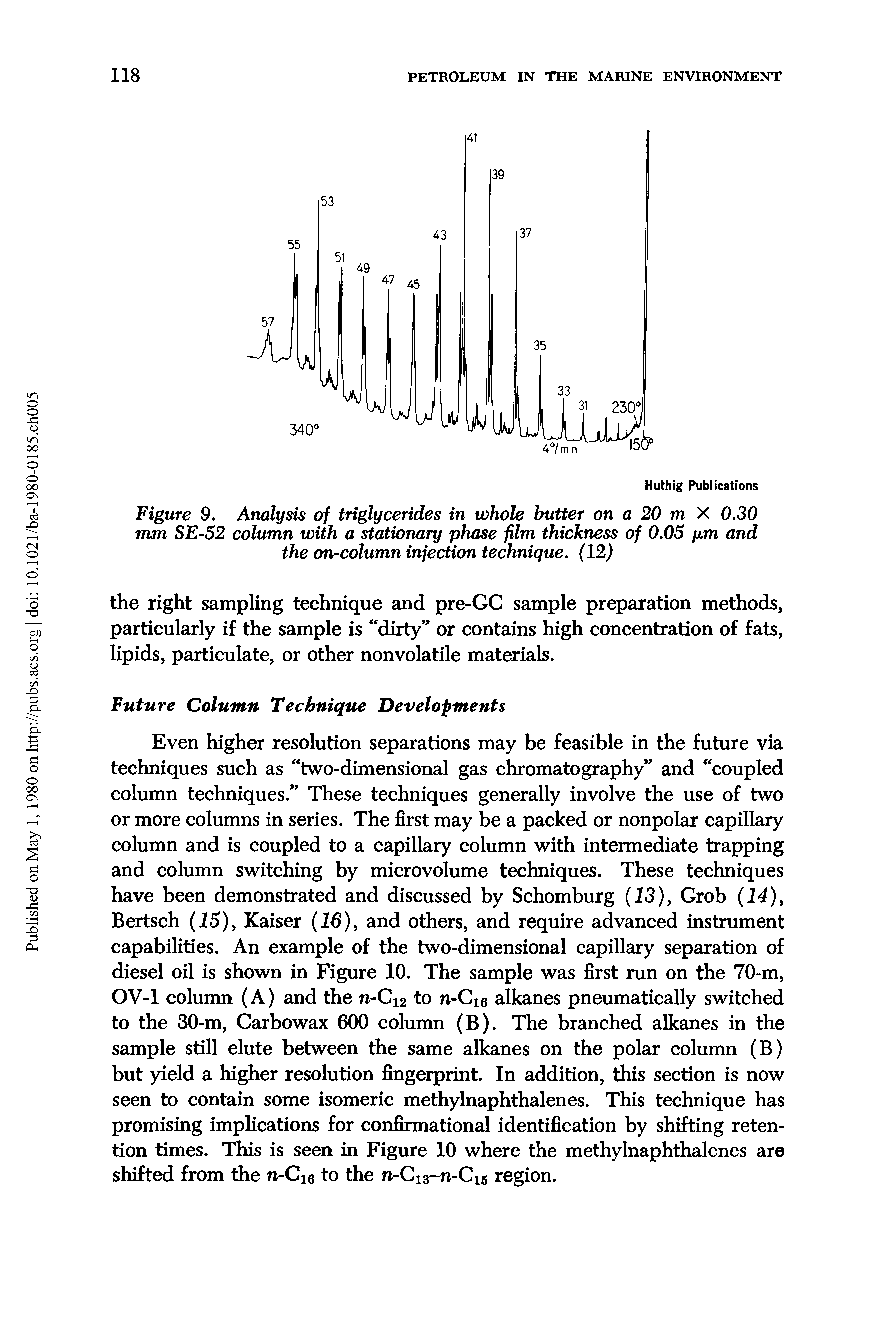 Figure 9. Analysis of triglycerides in whole butter on a 20 m X 0.30 mm SE-52 column with a stationary phase film thickness of 0.05 pm and the on-column injection technique. (12)...