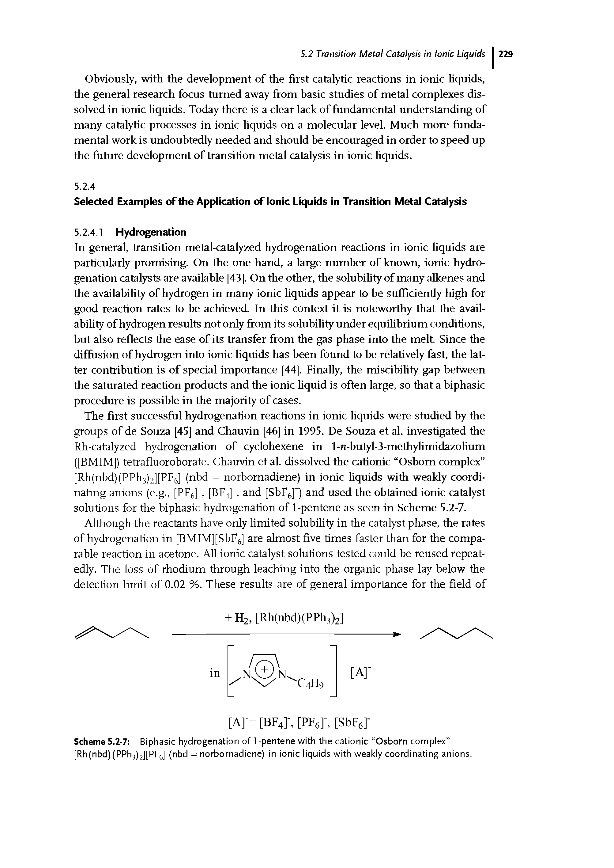 Scheme 5.2-7 Biphasic hydrogenation of 1 -pentene with the cationic Osborn complex [Rh(nbd)(PPh3)2][PF6] (nbd = norbornadiene) in ionic liquids with weakly coordinating anions.