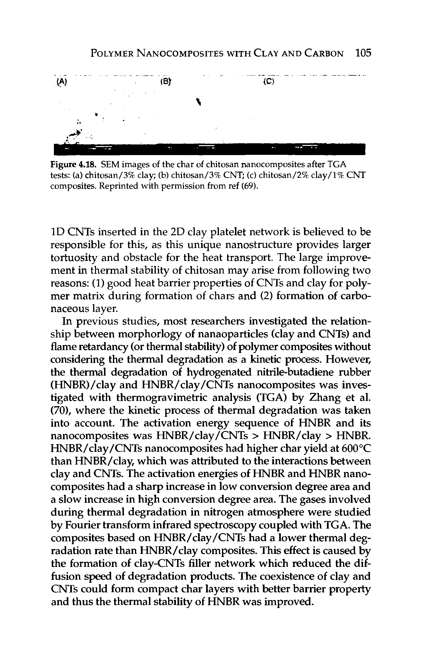 Figure 4.18. SEM images of the char of chitosan nanocomposites after TGA tests (a) chitosan/3% clay (b) chitosan/3% CNT (c) chitosan/2% clay/1% CNT composites. Reprinted with permission from ref (69).