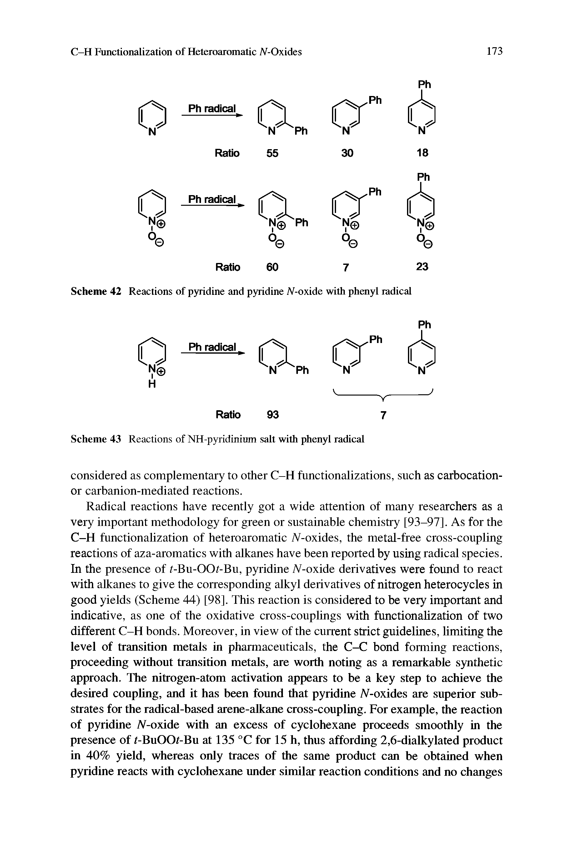 Scheme 42 Reactions of pyridine and pyridine iV-oxide with phenyl radical...