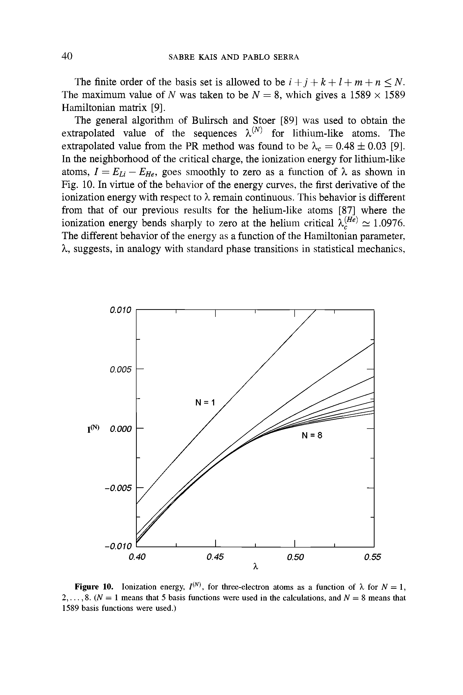Figure 10. Ionization energy, 1<N>, for three-electron atoms as a function of X for N = 1, 2,..., 8. (N = 1 means that 5 basis functions were used in the calculations, and N = 8 means that 1589 basis functions were used.)...