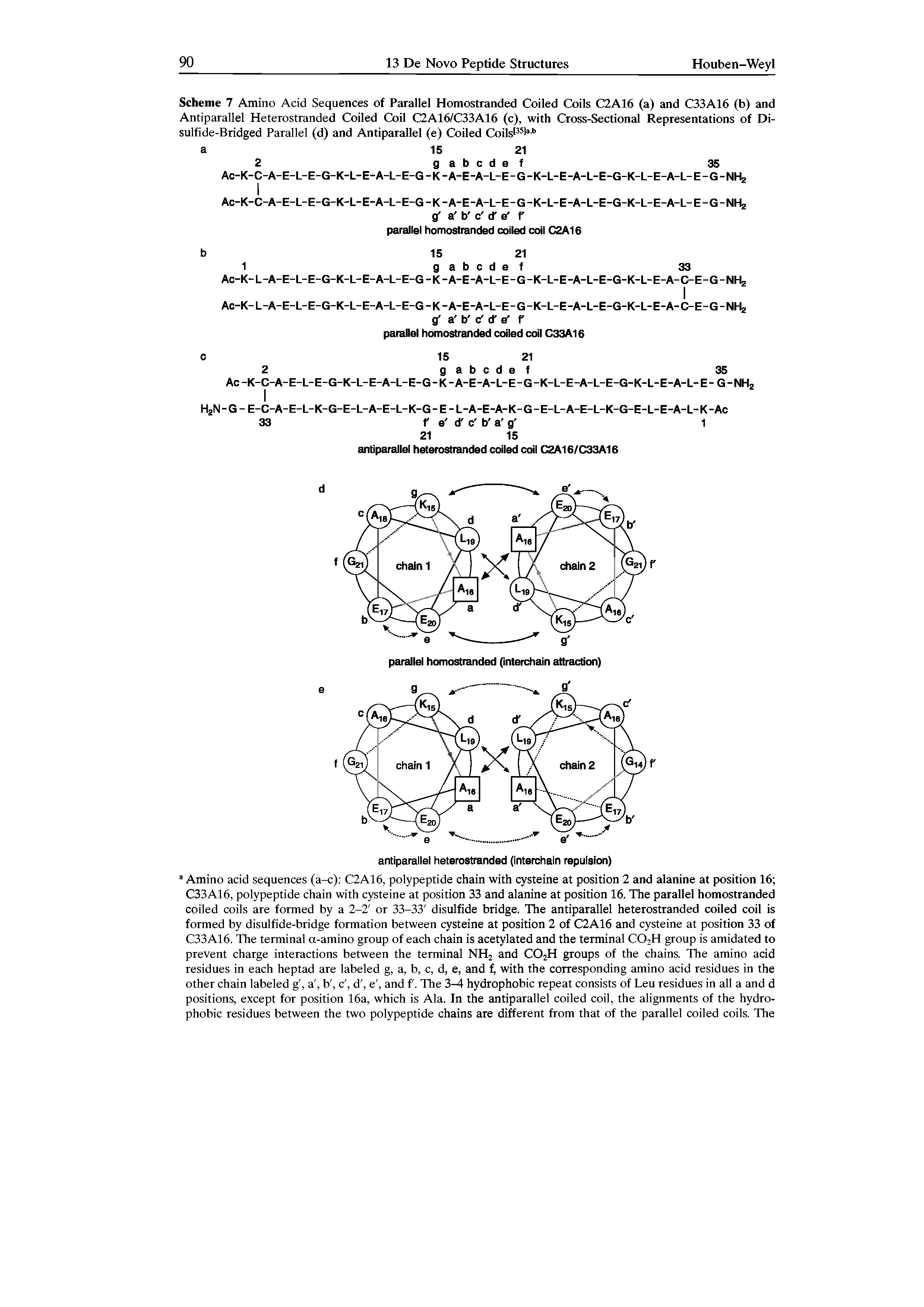 Scheme 7 Amino Acid Sequences of Parallel Homostranded Coiled Coils C2A16 (a) and C33A16 (b) and Antiparallel Heterostranded Coiled Coil C2A16/C33A16 (c), with Cross-Sectional Representations of Disulfide-Bridged Parallel (d) and Antiparallel (e) Coiled Coilsl35la b a 15 21...