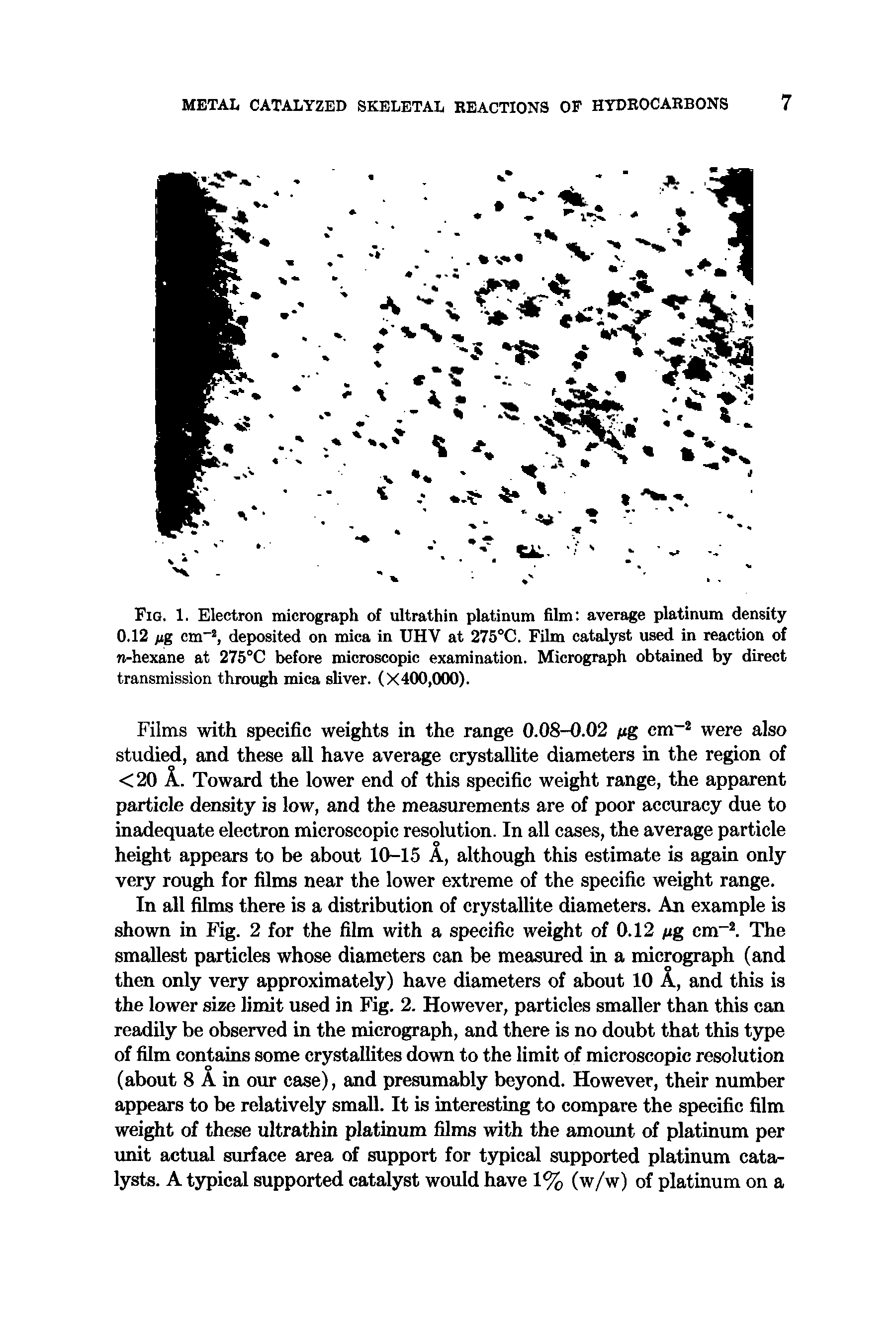Fig. 1. Electron micrograph of ultrathin platinum film average platinum density 0.12 jug cm-2, deposited on mica in UHV at 275°C. Film catalyst used in reaction of n-hexane at 275°C before microscopic examination. Micrograph obtained by direct transmission through mica sliver. (X400,000).