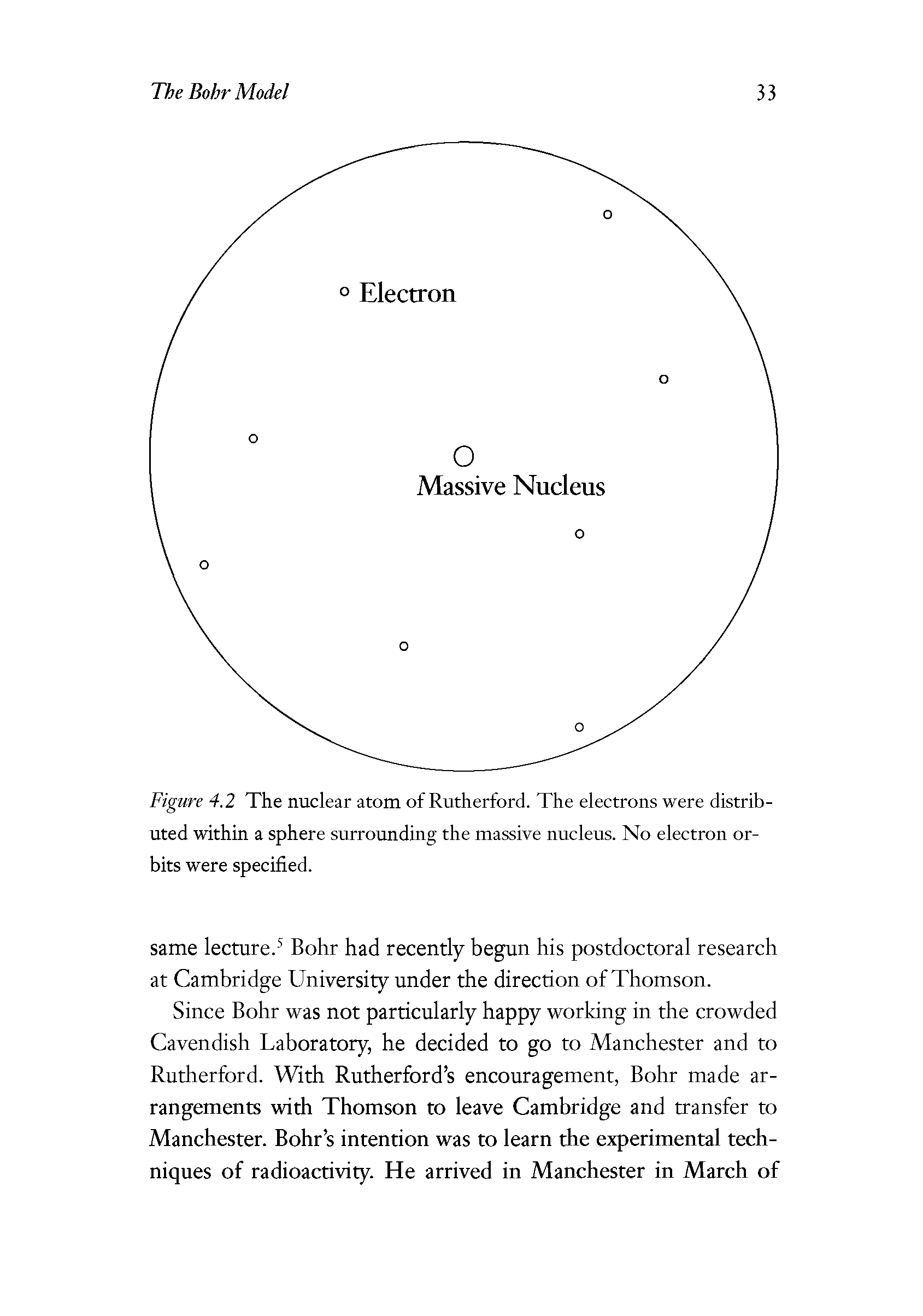 Figure 4.2 The nuclear atom of Rutherford. The electrons were distributed within a sphere surrounding the massive nucleus. No electron orbits were specified.