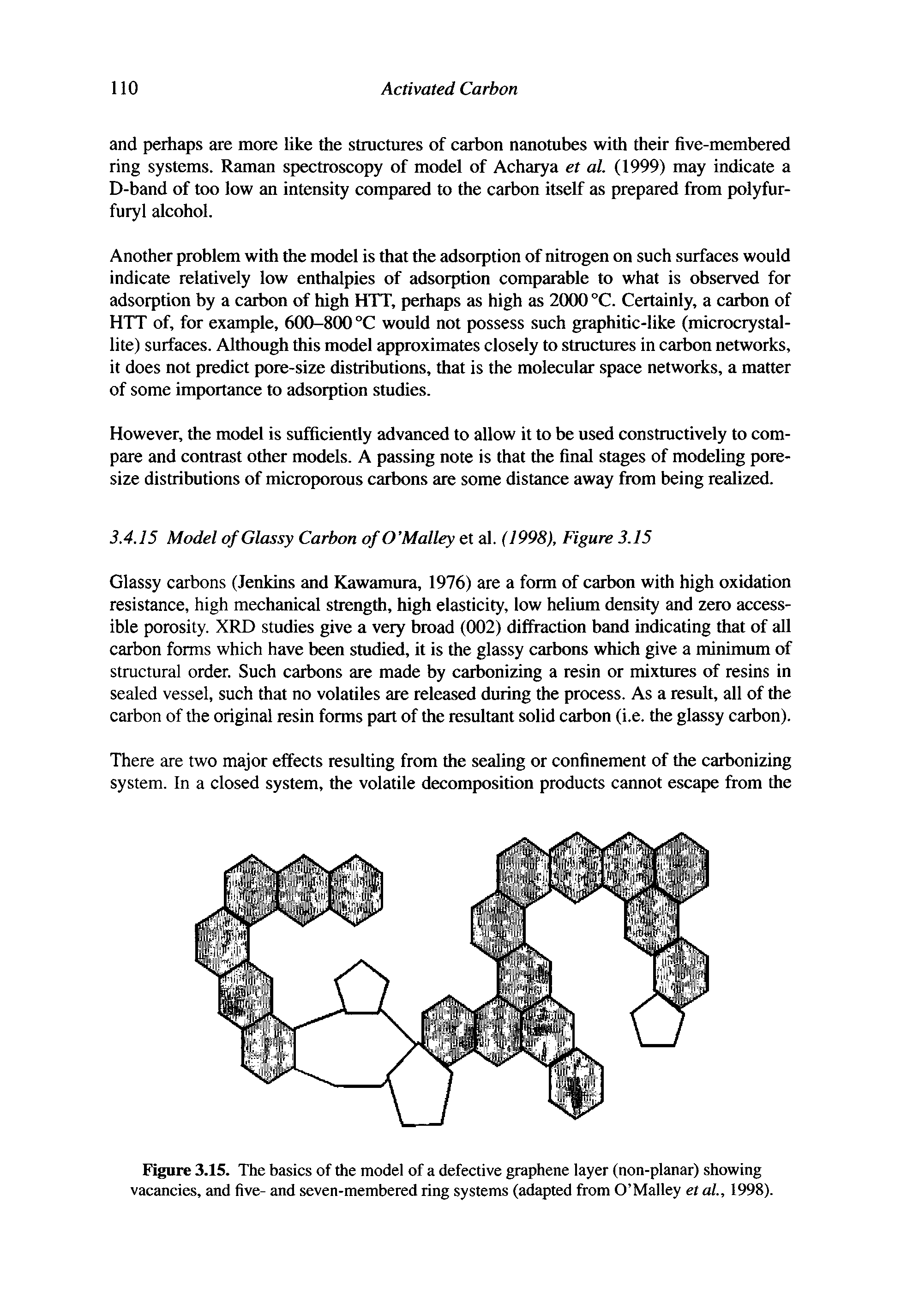 Figure 3.15. The basics of the model of a defective graphene layer (non-planar) showing vacancies, and five- and seven-membered ring systems (adapted from O Malley et al., 1998).