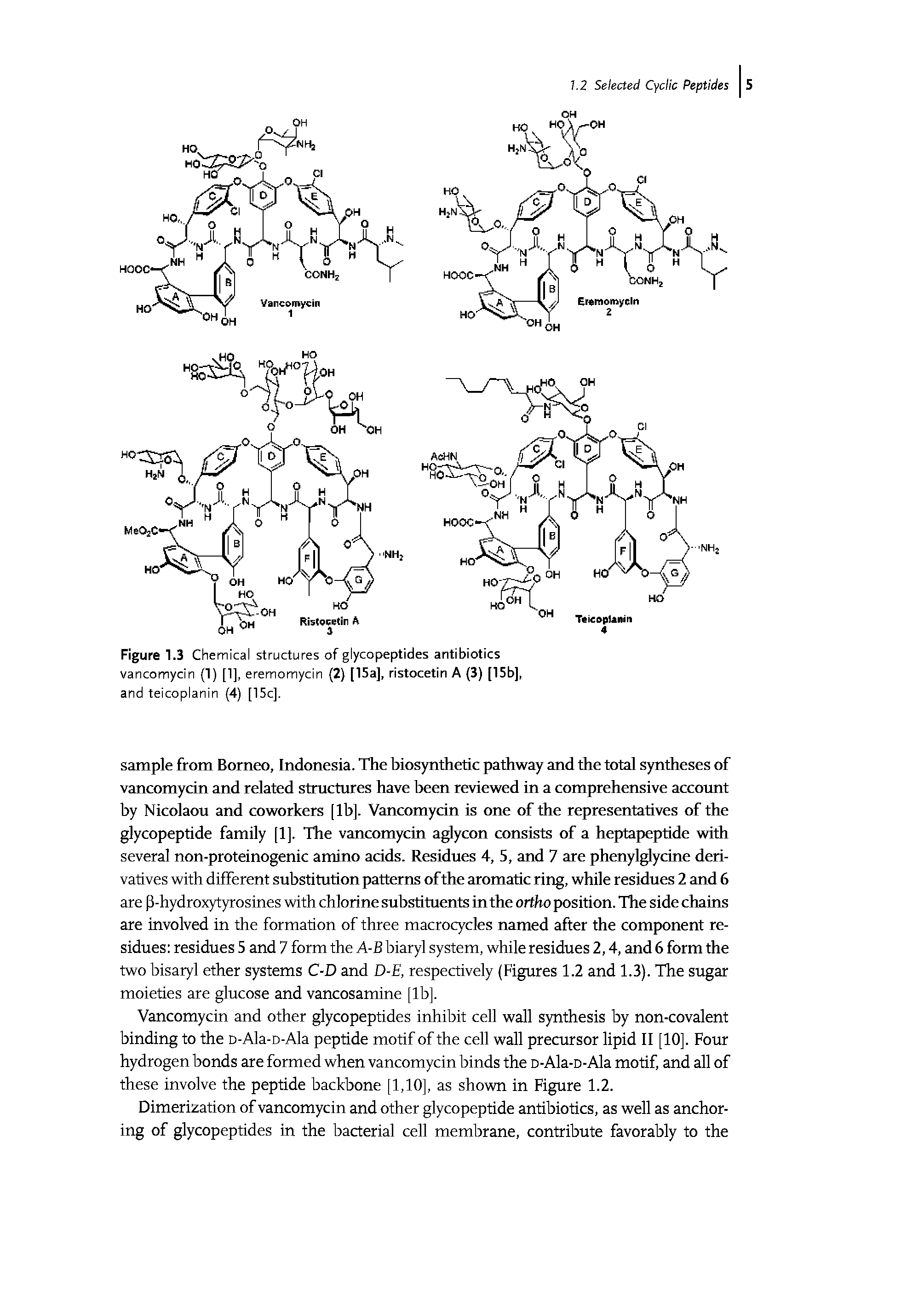 Figure 1.3 Chemical structures of glycopeptides antibiotics vancomycin (1) [1], eremomycin (2) [15a], ristocetin A (3) [15b], and teicoplanin (4) [15c],...