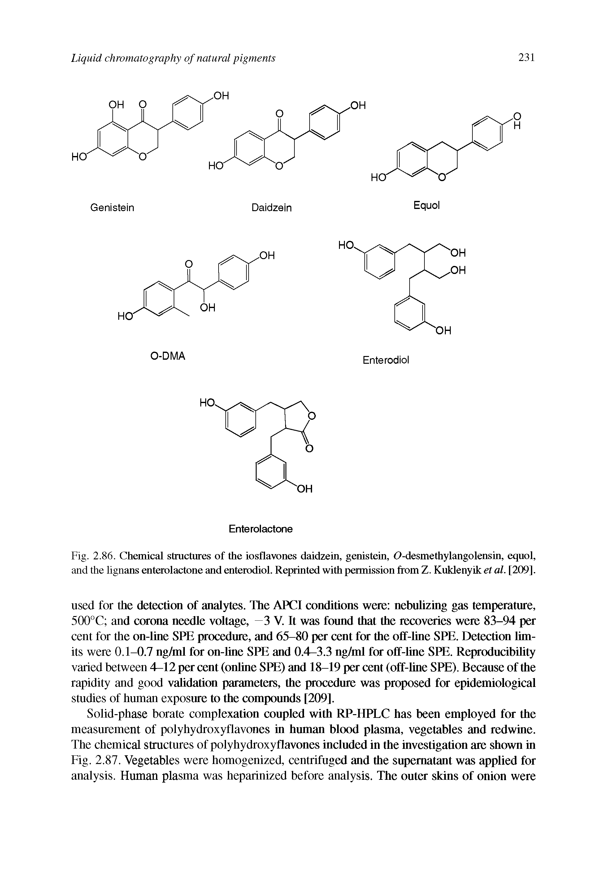 Fig. 2.86. Chemical structures of the iosflavones daidzein, genistein, O-desmethylangolensin, equol, and the lignans enterolactone and enterodiol. Reprinted with permission from Z. Kuklenyik el al. [209].