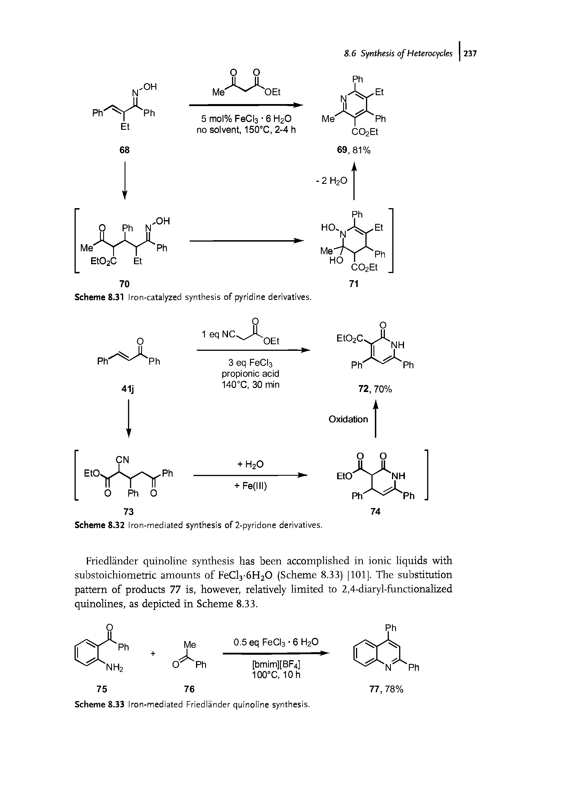 Scheme 8.33 Iron-mediated Friedlander quinoline synthesis.