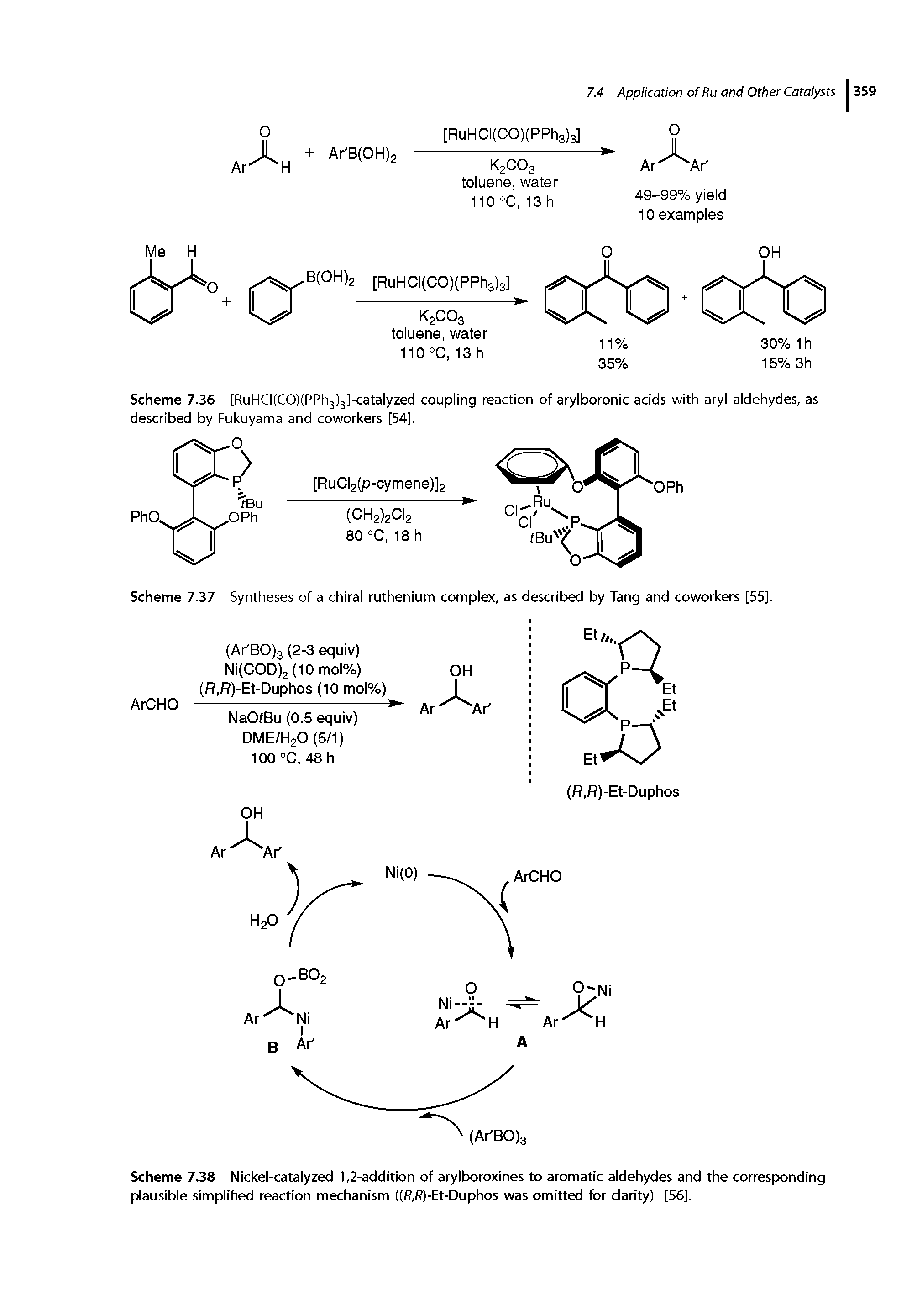 Scheme 7.36 [RuHCKCOjtPPhjjjJ-catalyzed coupling reaction of arylboronic adds with aryl aldehydes, as described by Fukuyama and coworkers [54],...