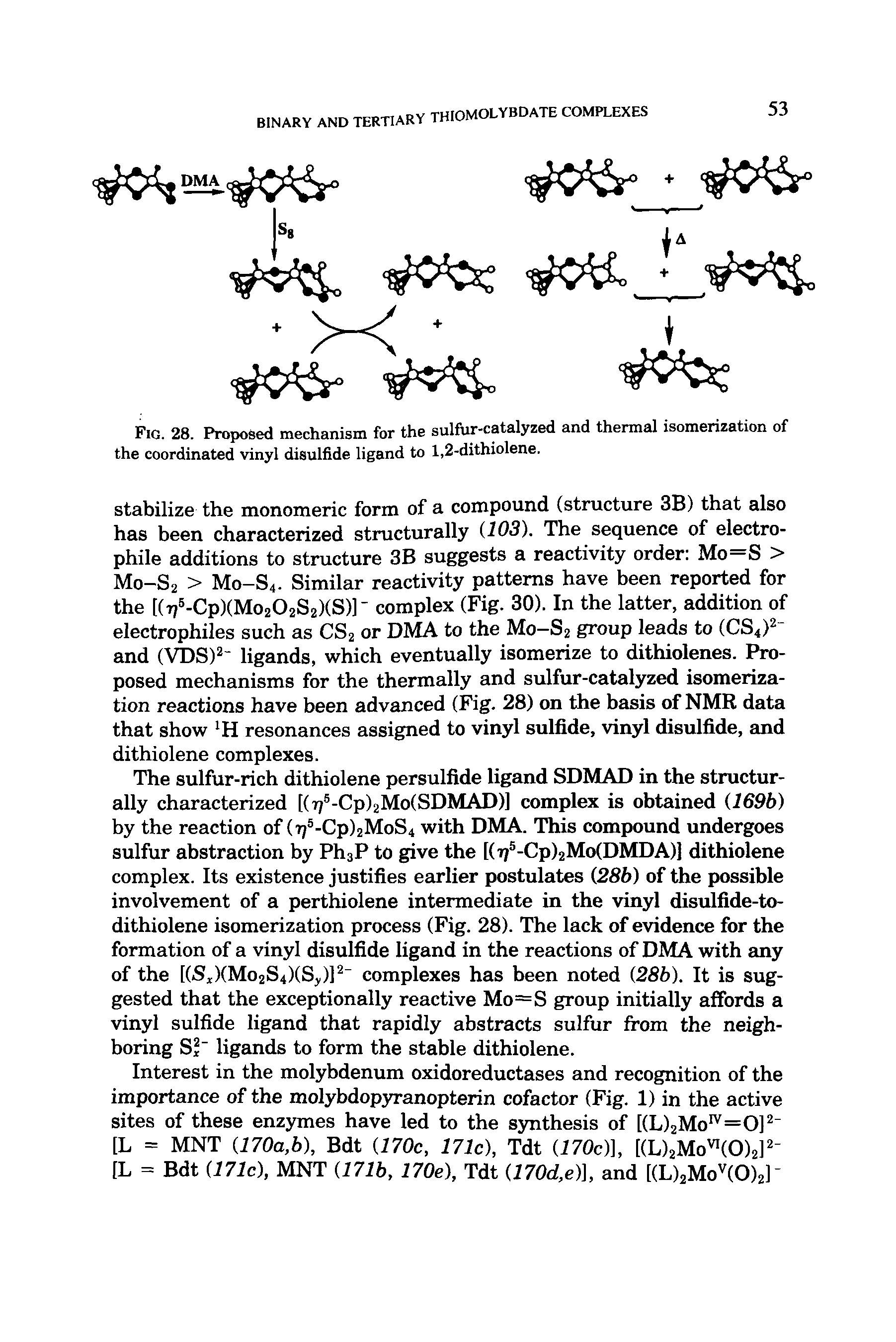 Fig. 28. Proposed mechanism for the sulfur-catalyzed and thermal isomerization of the coordinated vinyl disulfide ligand to 1,2-dithiolene.