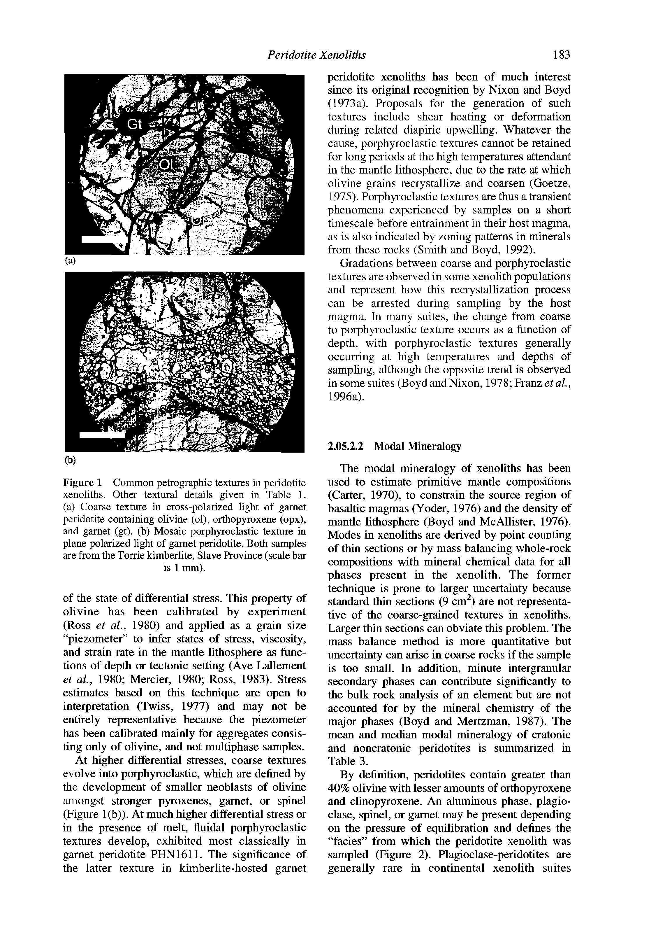 Figure 1 Common petrographic textures in peridotite xenoliths. Other textural details given in Table 1. (a) Coarse texture in cross-polarized light of garnet peridotite containing olivine (ol), orthopyroxene (opx), and garnet (gt). (b) Mosaic porphyroclastic texture in plane polarized light of garnet peridotite. Both samples are from the Torrie kimberlite. Slave Province (scale bar is 1 mm).