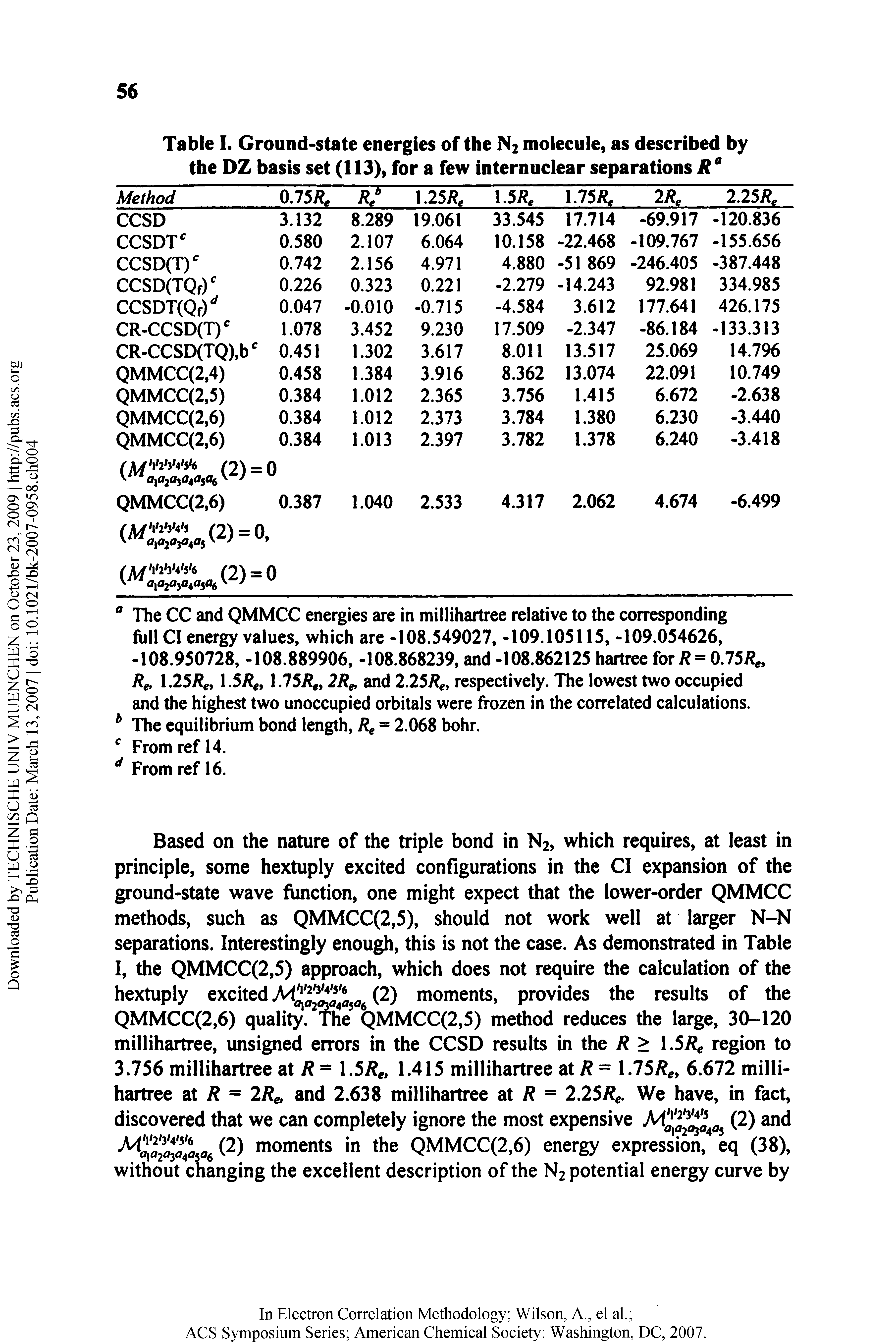 Table I. Ground-state energies of the N2 molecule, as described by the DZ basis set (113), for a few internuclear separations...