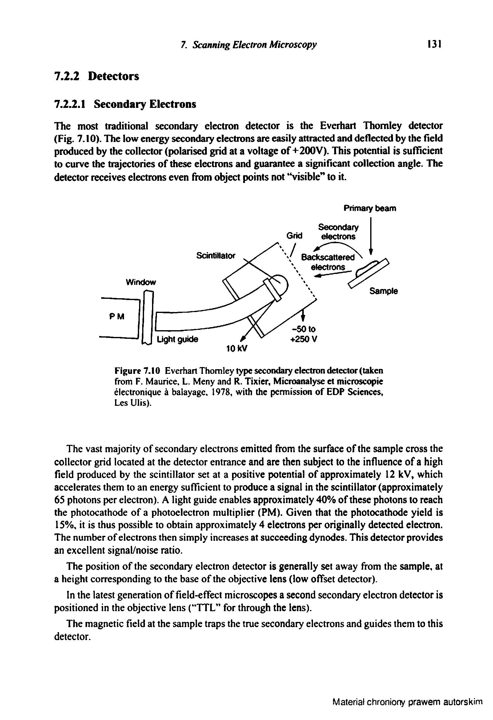 Figure 7.10 Everhart Thomley type secondary electron detector (taken from F. Maurice, L. Meny and R. Ttxier, Microanalyse et microscopie electronique a balayage, 1978, with the permission of EDP Sciences, Les Ulis).