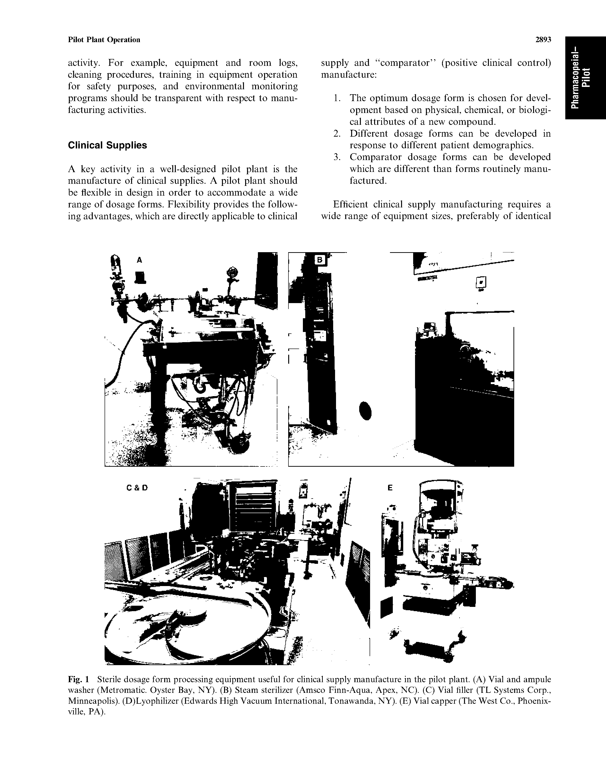 Fig. 1 Sterile dosage form processing equipment useful for clinical supply manufacture in the pilot plant. (A) Vial and ampule washer (Metromatic. Oyster Bay, NY). (B) Steam sterilizer (Amsco Finn-Aqua, Apex, NC). (C) Vial filler (TL Systems Corp., Minneapolis). (D)Lyophilizer (Edwards High Vacuum International, Tonawanda, NY). (E) Vial capper (The West Co., Phoenix-ville, PA).