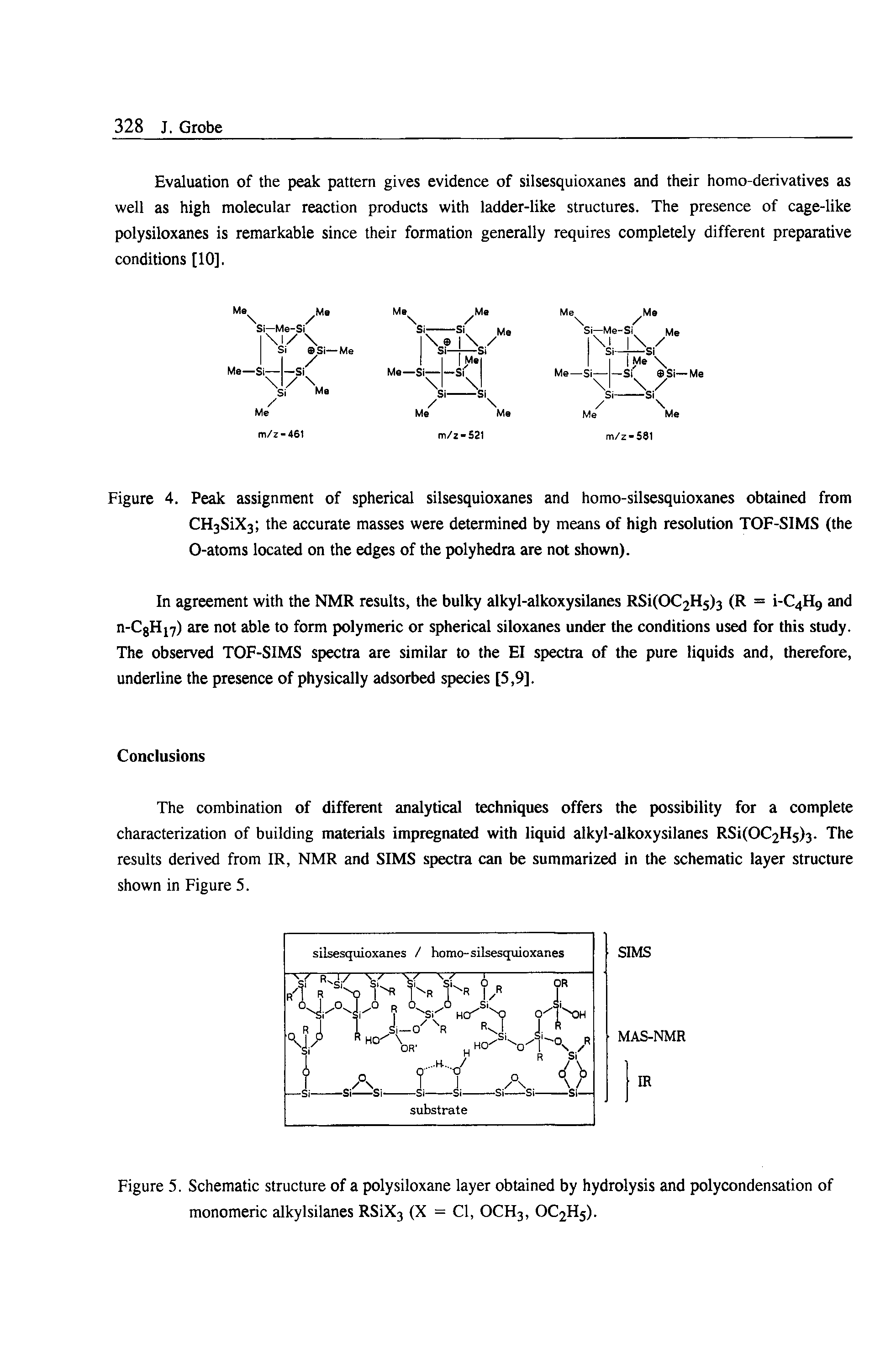 Figure 5. Schematic structure of a polysiloxane layer obtained by hydrolysis and poly condensation of monomeric alkylsilanes RSiX3 (X = Cl, OCH3, OC2H5).