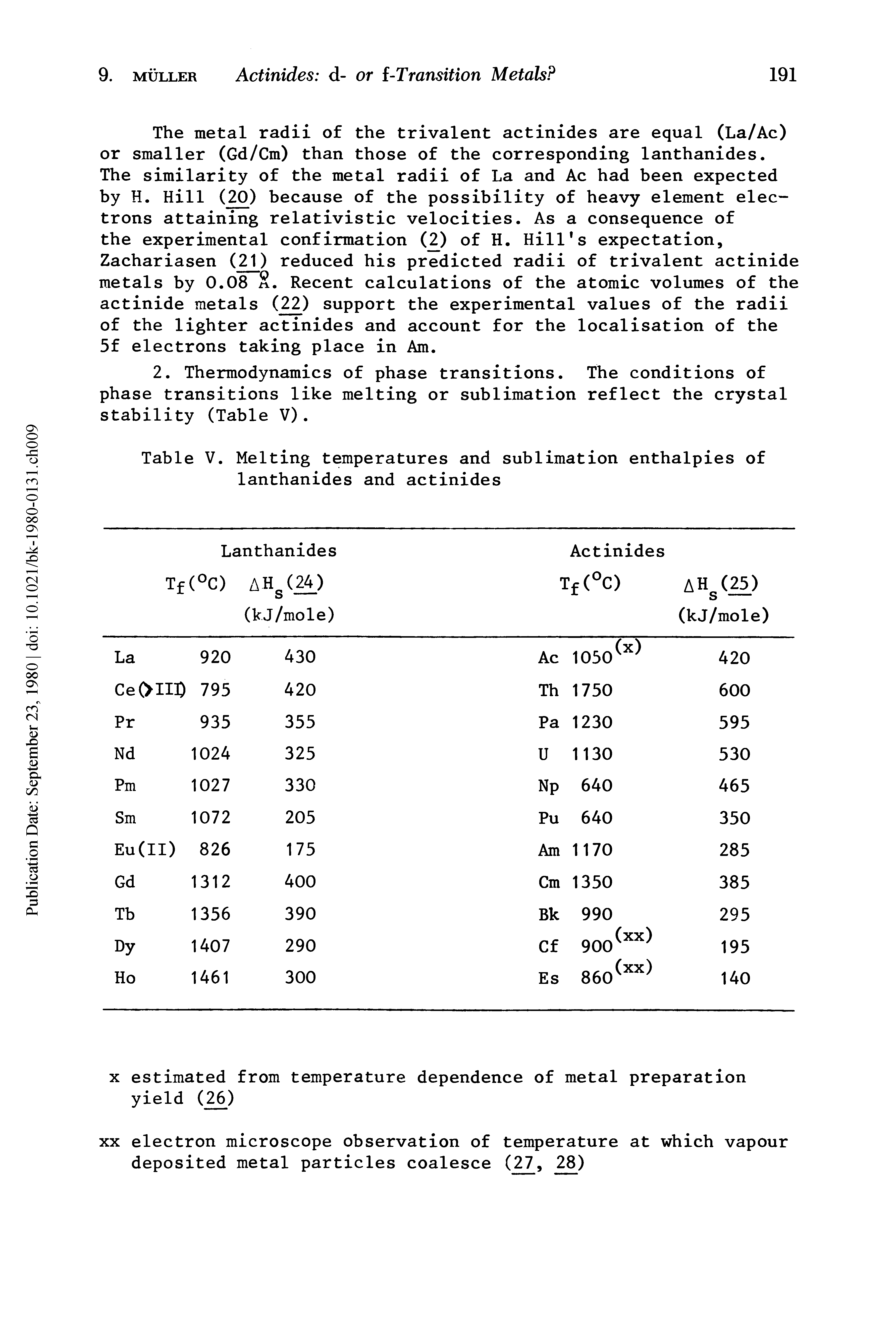 Table V. Melting temperatures and sublimation enthalpies of lanthanides and actinides...