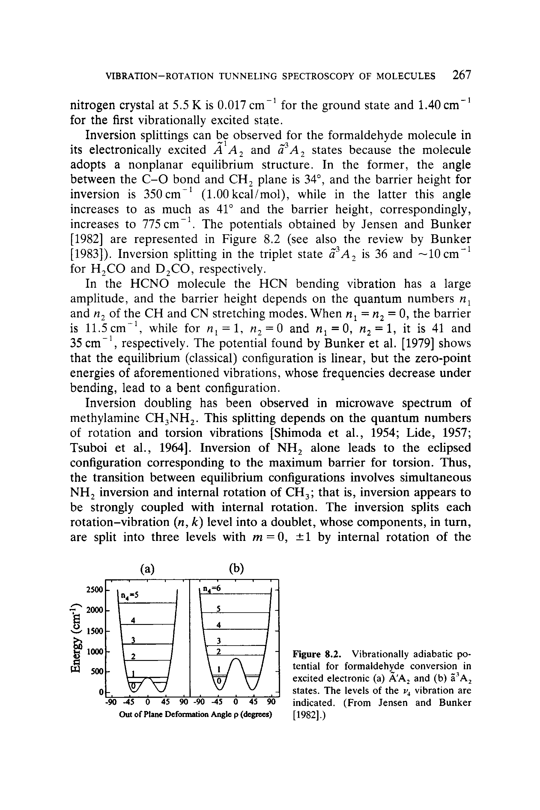 Figure 8.2. Vibrationally adiabatic potential for formaldehyde conversion in excited electronic (a) A A2 and (b) a3A2 states. The levels of the vt vibration are indicated. (From Jensen and Bunker [1982].)...