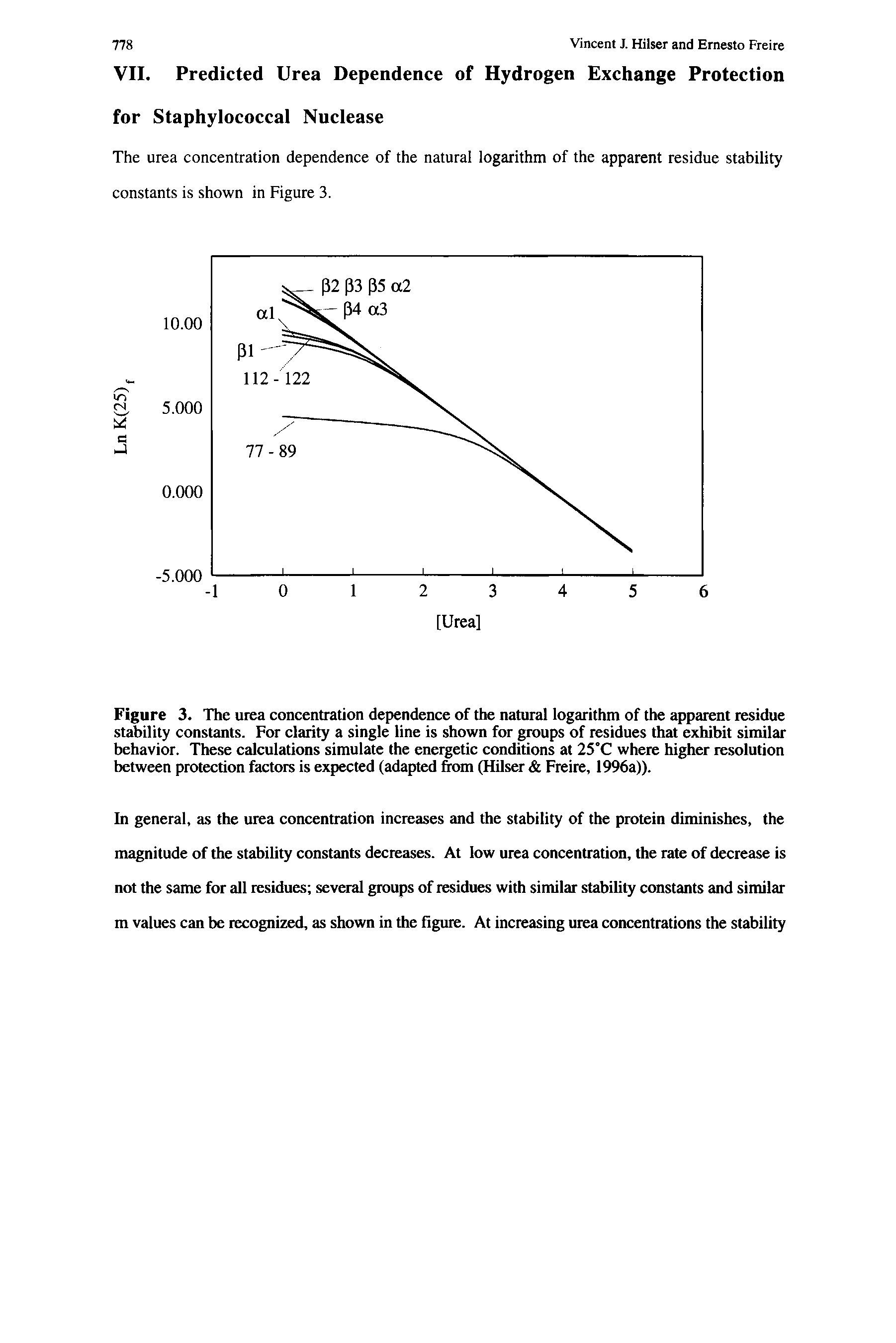 Figure 3. The urea concentration dependence of the natural logarithm of the apparent residue stability constants. For clarity a single line is shown for groups of residues that exhibit similar behavior. These calculations simulate the energetic conditions at 25°C where higher resolution between protection factors is expected (adapted from (Hilser Freire, 1996a)).