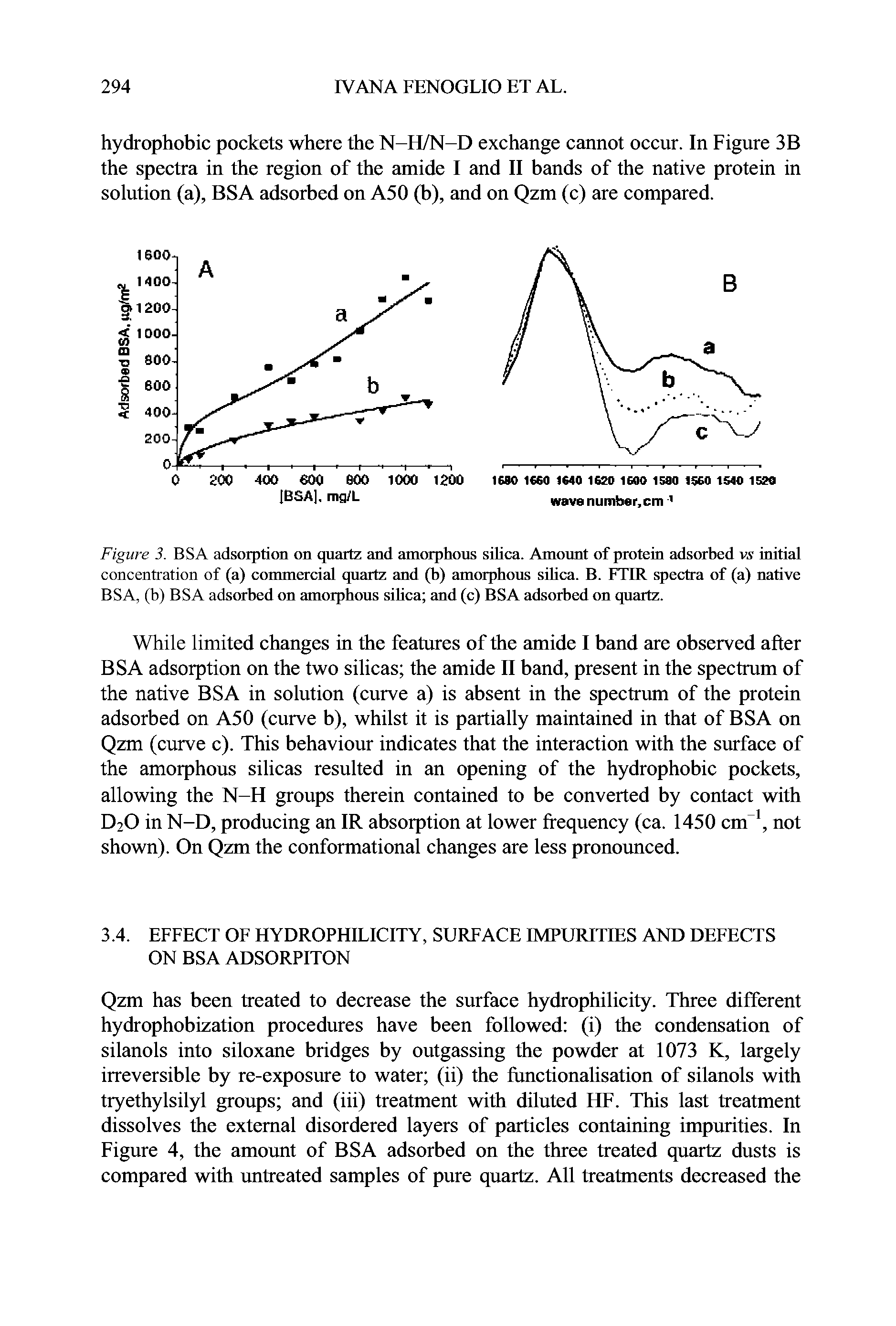 Figure 3. BSA adsorption on quartz and amorphous silica. Amount of protein adsorbed vs initial concentration of (a) commercial quartz and (b) amorphous sihca. B. FTIR spectra of (a) native BSA, (b) BSA adsorbed on amorphous sihca and (c) BSA adsorbed on quartz.