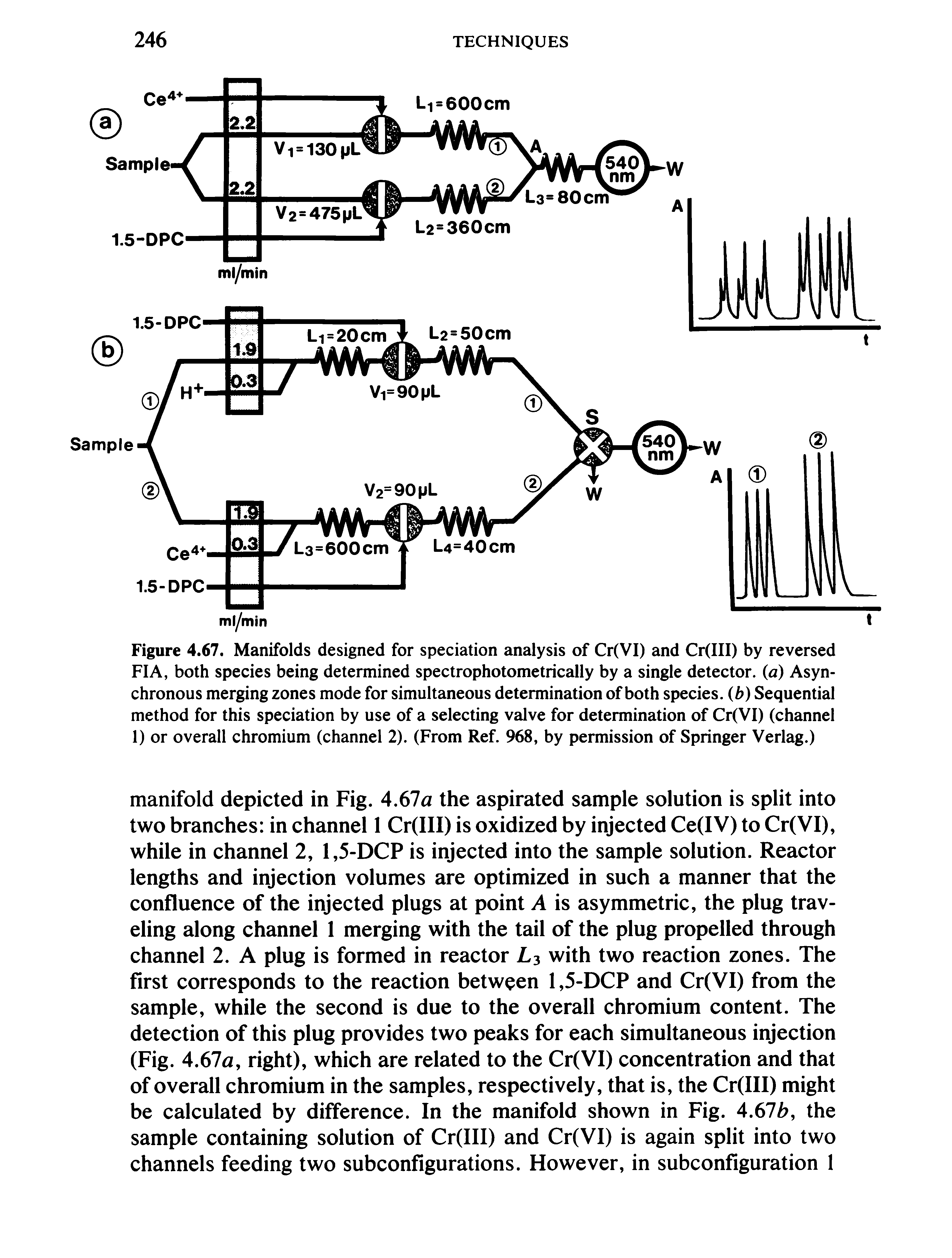 Figure 4.67. Manifolds designed for speciation analysis of Cr(VI) and Cr(III) by reversed FI A, both species being determined spectrophotometrically by a single detector, (a) Asynchronous merging zones mode for simultaneous determination of both species, (b) Sequential method for this speciation by use of a selecting valve for determination of Cr(VI) (channel 1) or overall chromium (channel 2). (From Ref. 968, by permission of Springer Verlag.)...