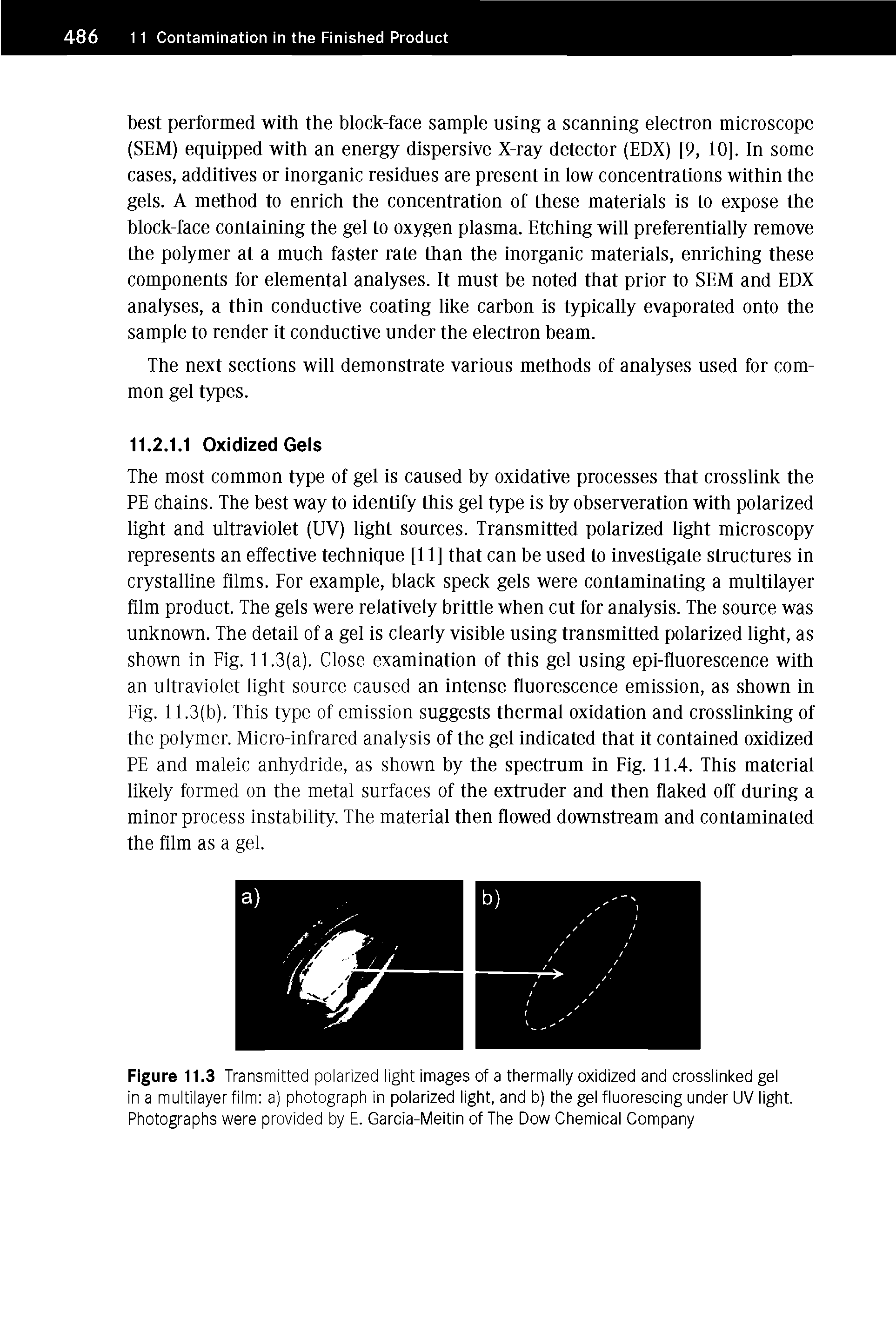 Figure 11.3 Transmitted polarized light images of a thermally oxidized and crosslinked gel in a multilayer film a) photograph in polarized light, and b) the gel fluorescing under UV light. Photographs were provided by E. Garcia-Meitin of The Dow Chemical Company...