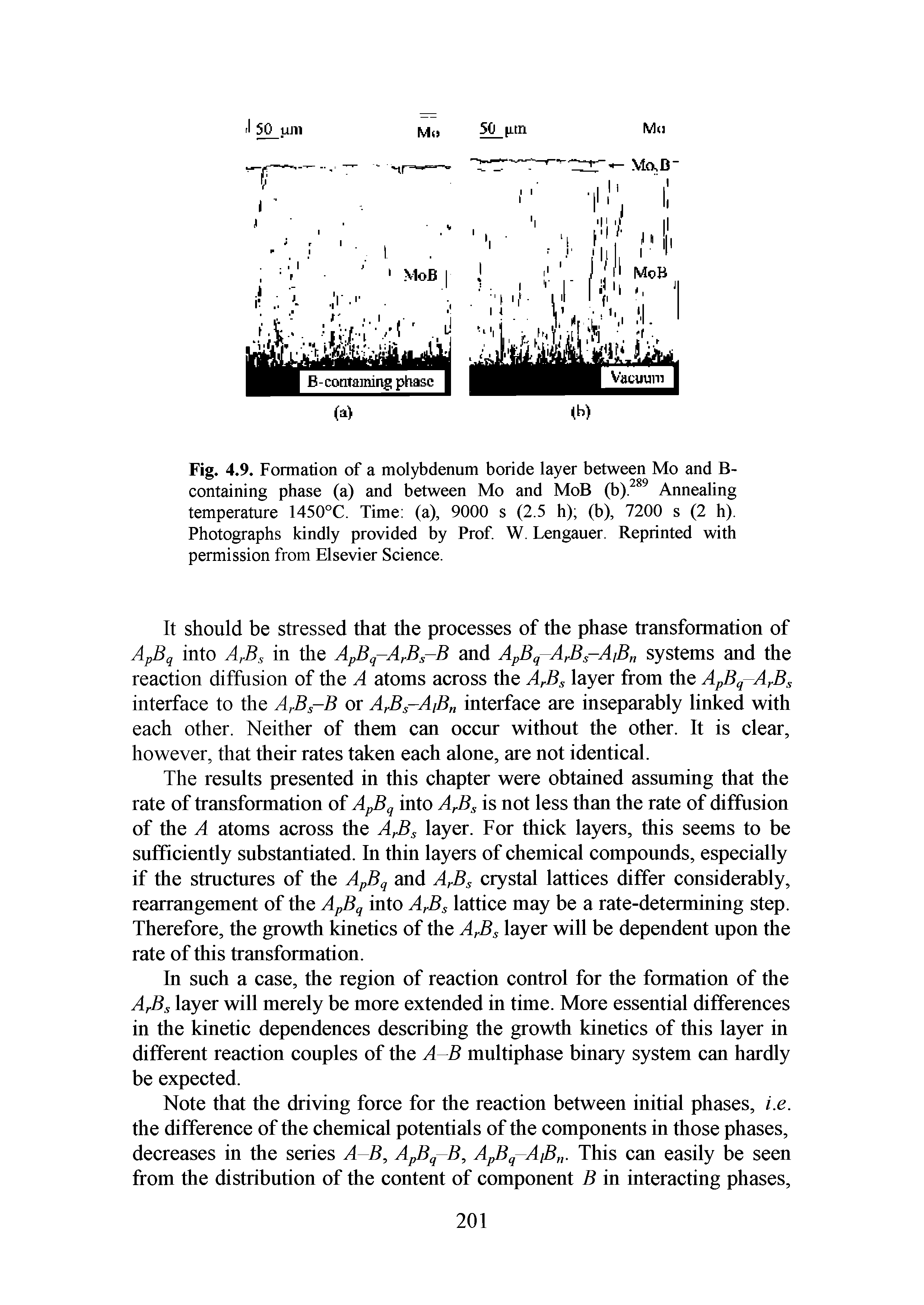 Fig. 4.9. Formation of a molybdenum boride layer between Mo and B-containing phase (a) and between Mo and MoB (b)289 Annealing temperature 1450°C. Time (a), 9000 s (2.5 h) (b), 7200 s (2 h). Photographs kindly provided by Prof. W. Lengauer. Reprinted with permission from Elsevier Science.