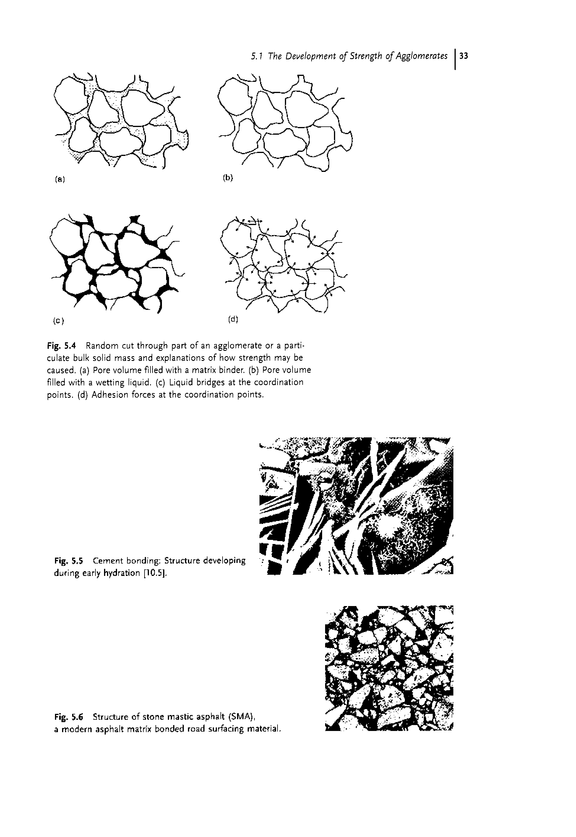Fig. 5.4 Random cut through part of an agglomerate or a particulate bulk solid mass and explanations of how strength may be caused, (a) Pore volume filled with a matrix binder, (b) Pore volume filled with a wetting liquid, (c) Liquid bridges at the coordination points, (d) Adhesion forces at the coordination points.