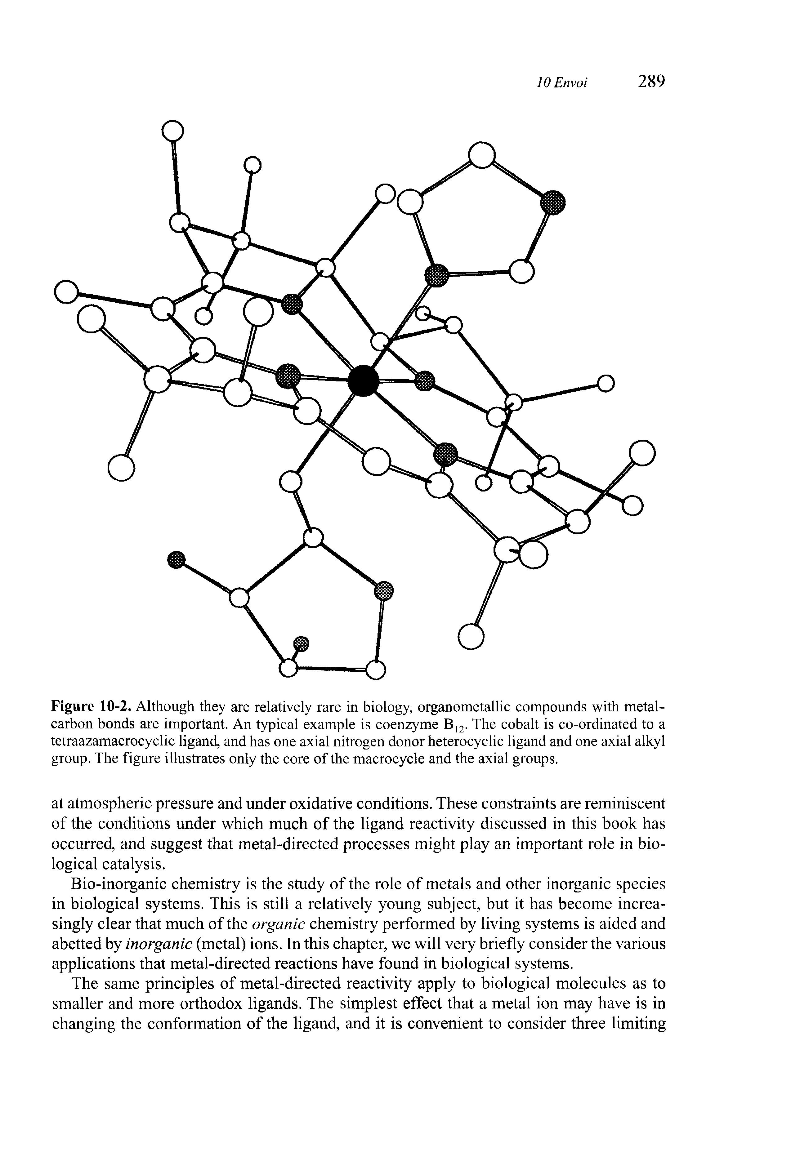 Figure 10-2. Although they are relatively rare in biology, organometallic compounds with metal-carbon bonds are important. An typical example is coenzyme B12. The cobalt is co-ordinated to a tetraazamacrocyclic ligand, and has one axial nitrogen donor heterocyclic ligand and one axial alkyl group. The figure illustrates only the core of the macrocycle and the axial groups.