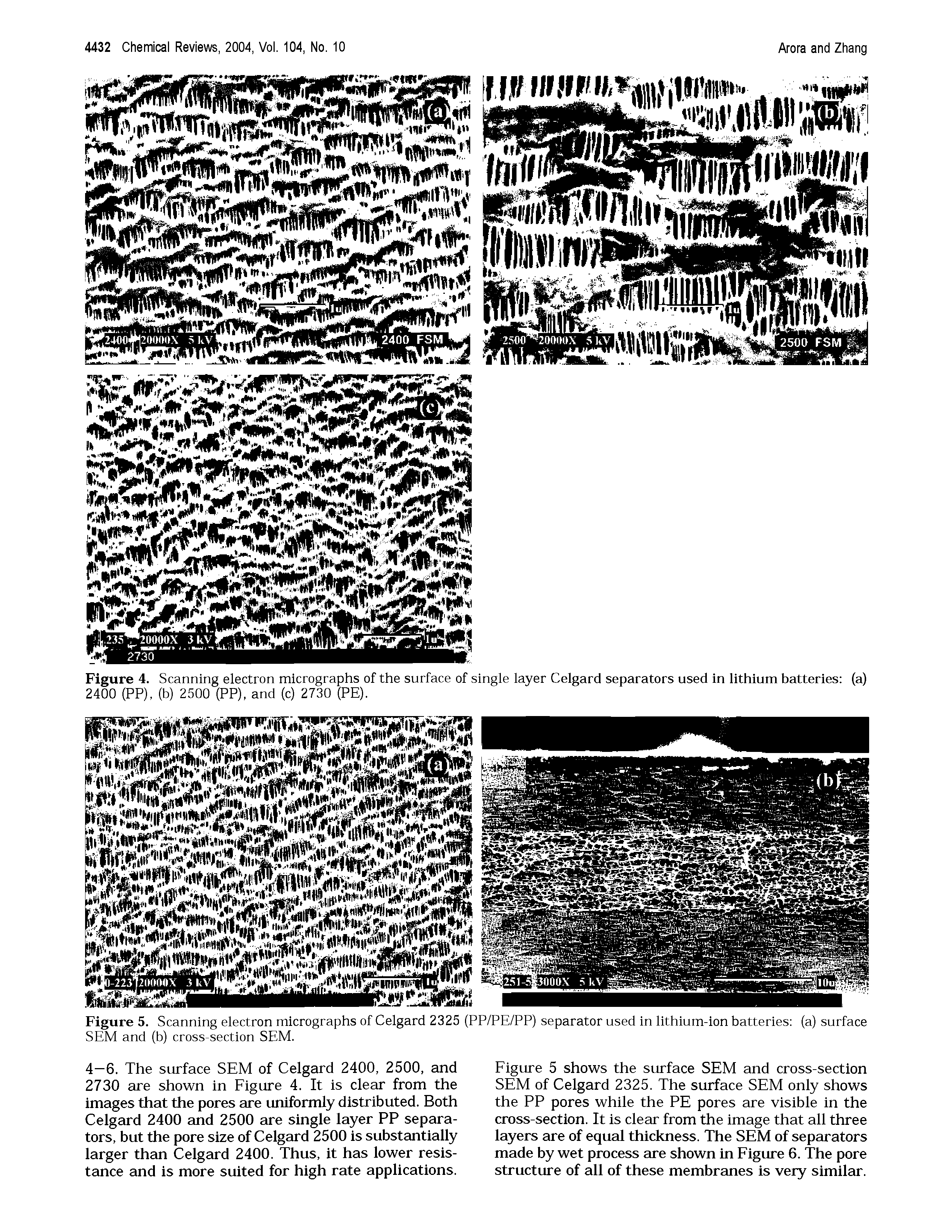 Figure 5 shows the surface SEM and cross-section SEM of Celgard 2325. The surface SEM only shows the PP pores while the PE pores are visible in the cross-section. It is clear from the image that all three layers are of equal thickness. The SEM of separators made by wet process are shown in Figure 6. The pore structure of all of these membranes is very similar.
