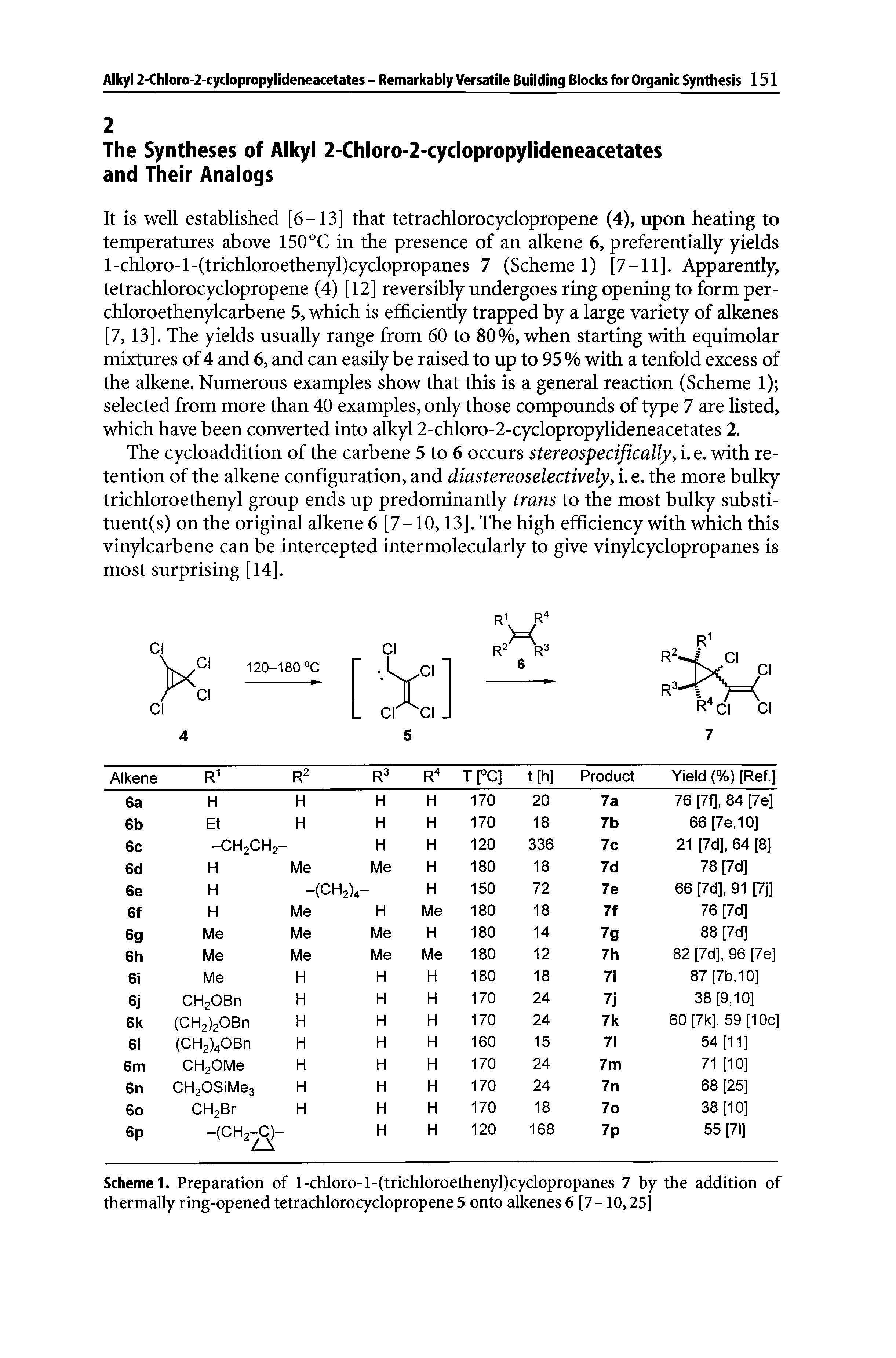 Scheme 1. Preparation of l-chloro-l-(trichloroethenyl)cyclopropanes 7 by the addition of thermally ring-opened tetrachlorocyclopropene 5 onto alkenes 6 [7-10,25]...