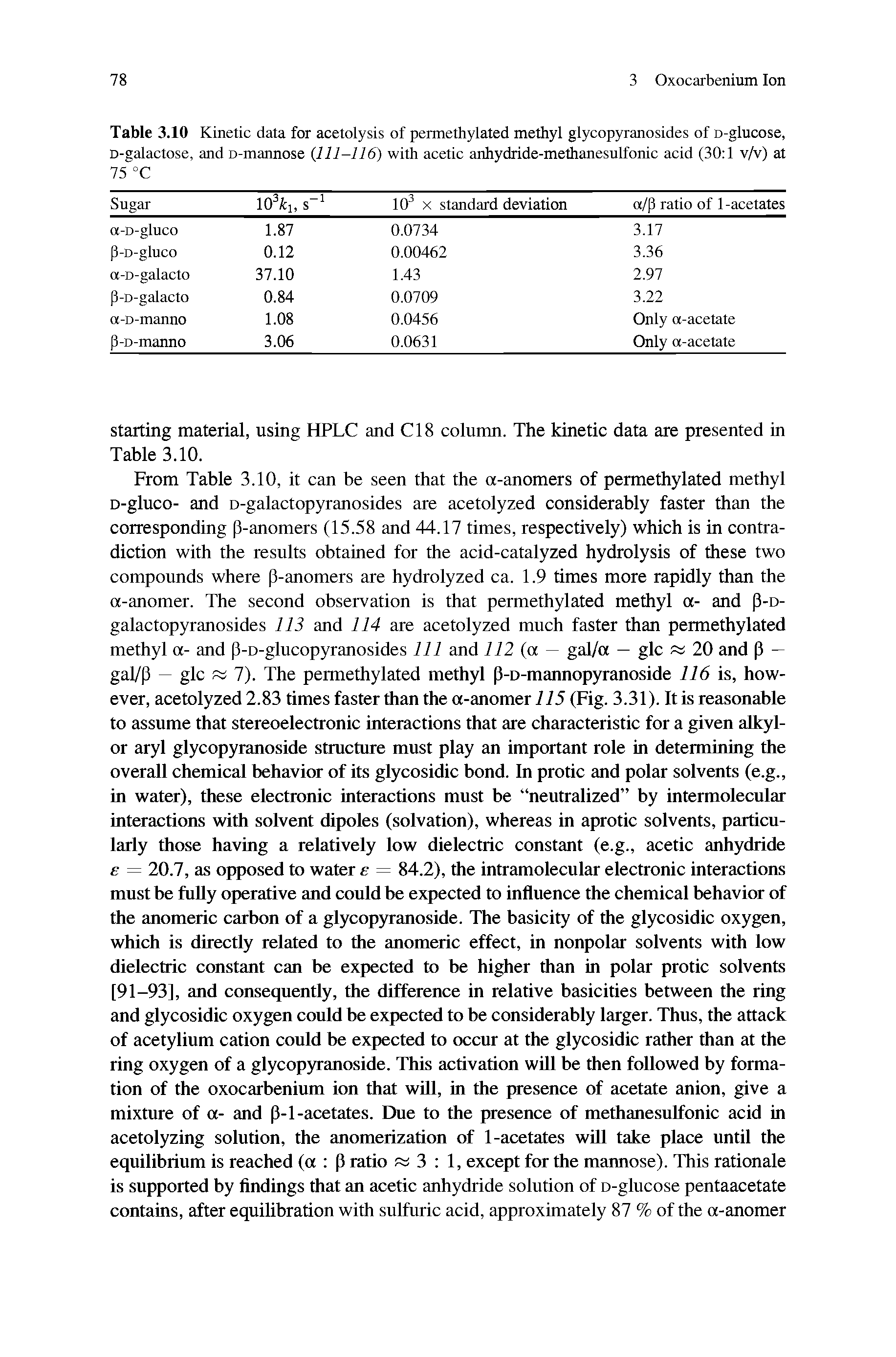Table 3.10 Kinetic data for acetolysis of pennethylated methyl glycopyranosides of D-glucose, D-galactose, and D-mannose (111-116) with acetic anhydride-methanesulfonic acid (30 1 v/v) at 75 °C...