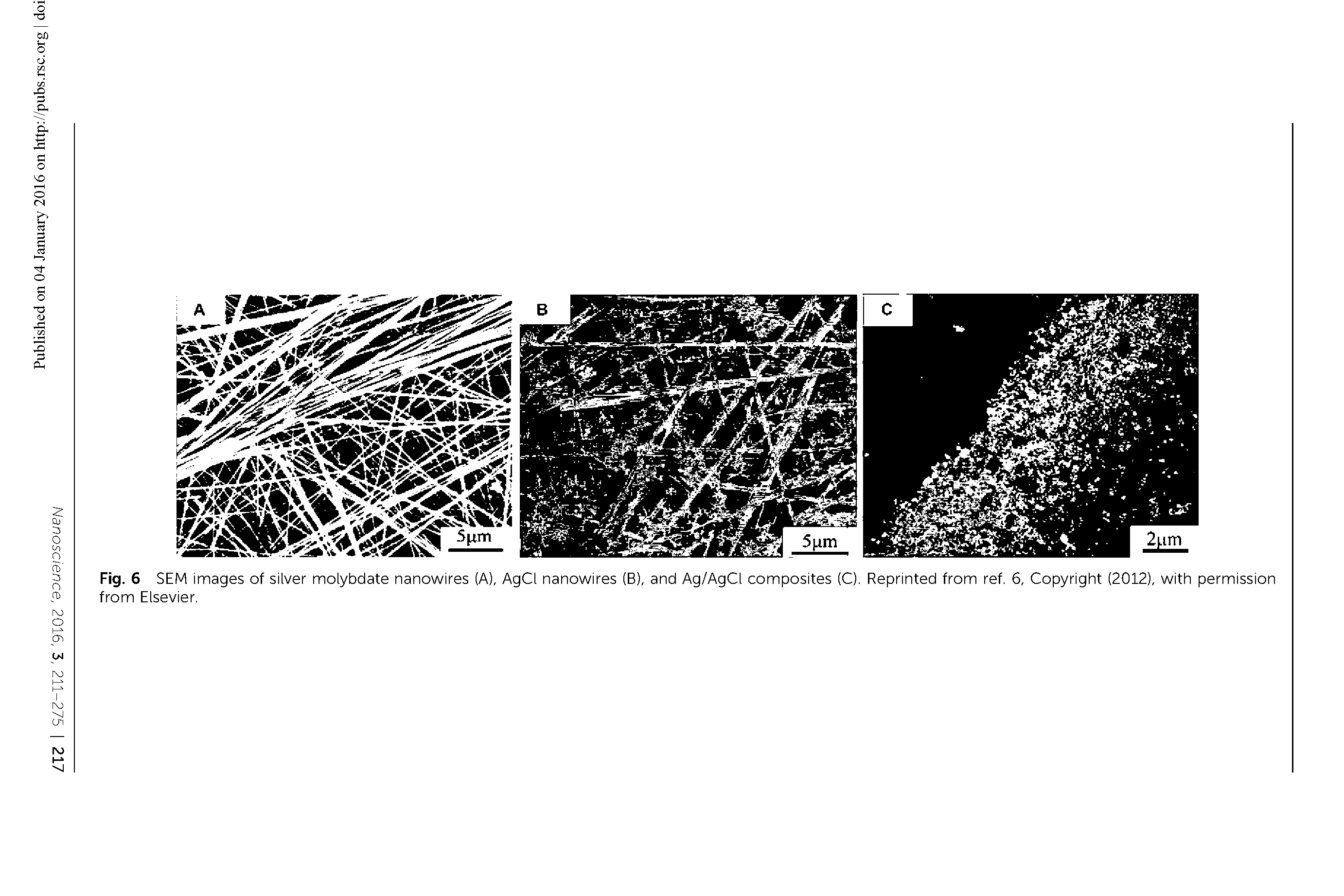 Fig. 6 SEM images of silver molybdate nanowires (A), AgCl nanowires (B), and Ag/AgCl composites (C). Reprinted from ref. 6, Copyright (2012), with permission from Elsevier.
