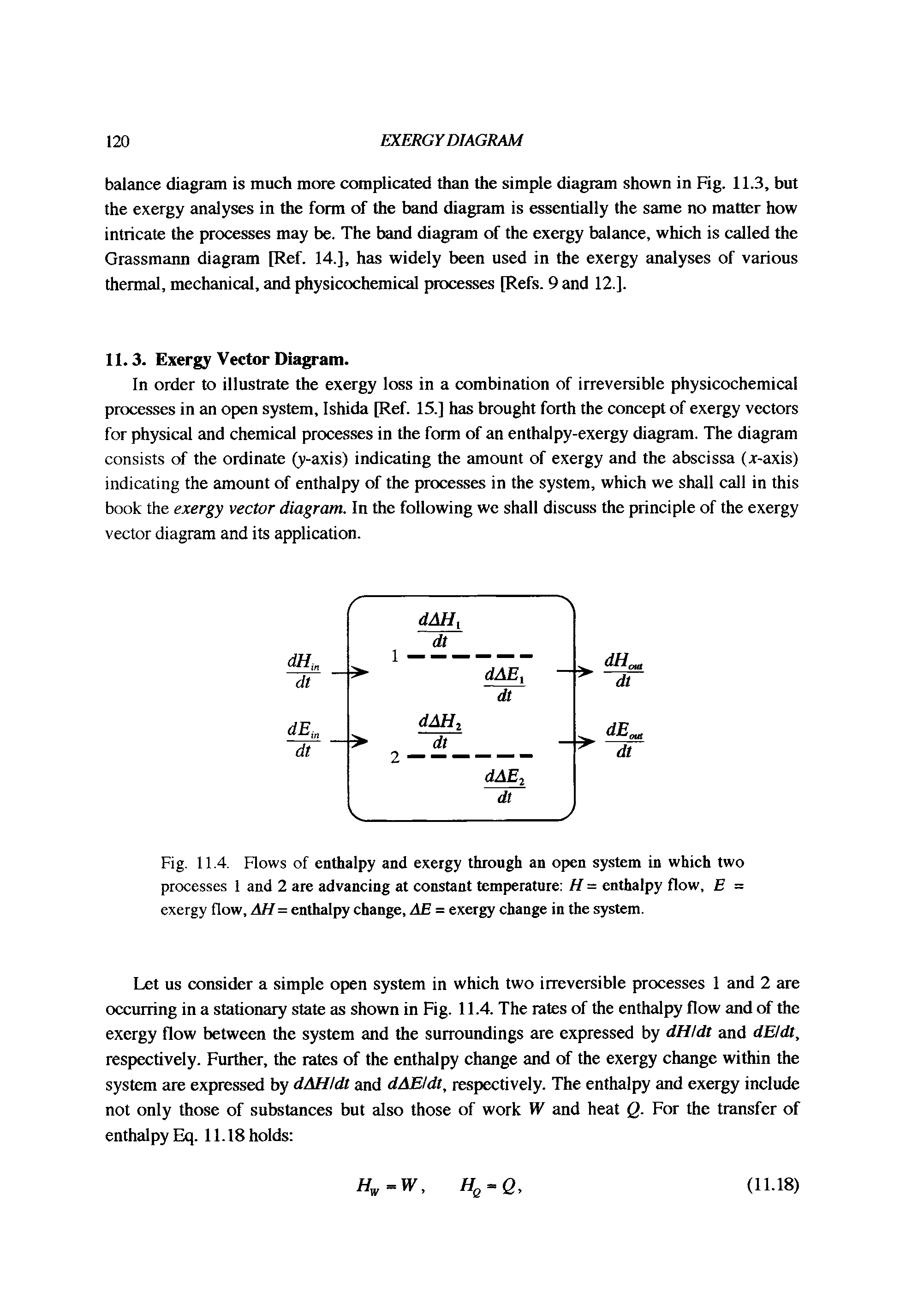 Fig. 11.4. Flows of enthalpy and exergy through an open system in which two processes 1 and 2 are advancing at constant temperature H = enthalpy flow, E = exergy flow, AH = enthalpy change, AE = exergy change in the system.