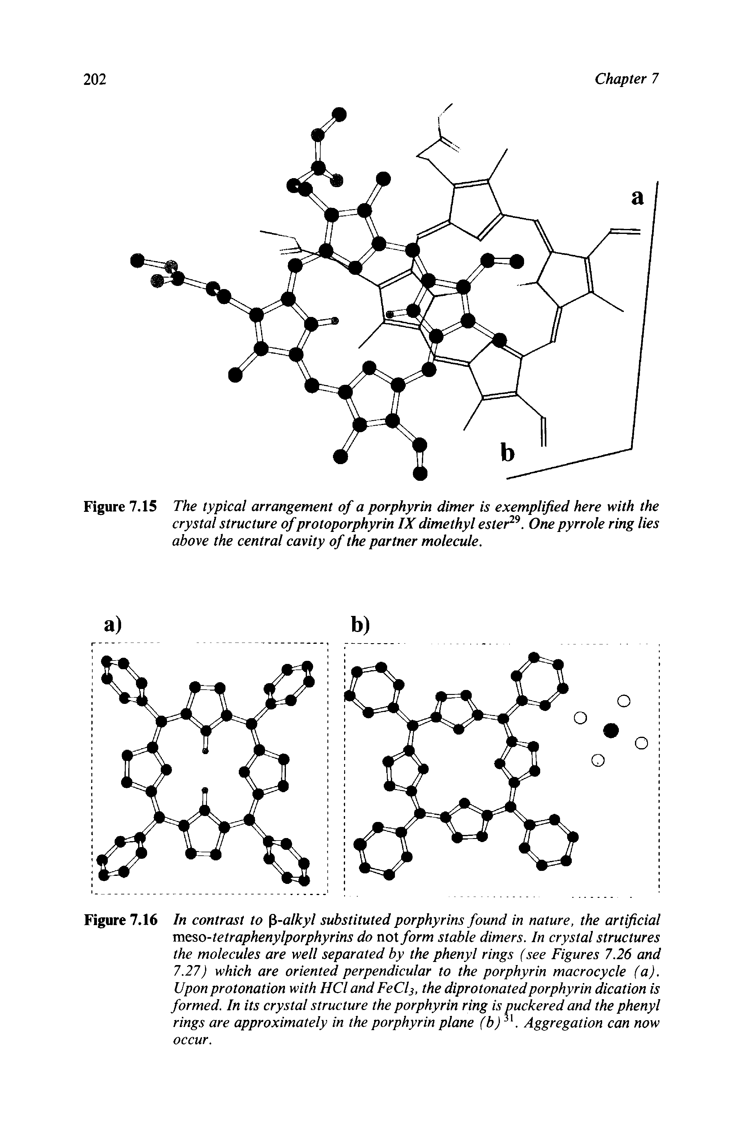 Figure 7.16 In contrast to -alkyl substituted porphyrins found in nature, the artificial raeso-tetraphenylporphyrins do not form stable dimers. In crystal structures the molecules are well separated by the phenyl rings (see Figures 7.26 and 7.27) which are oriented perpendicular to the porphyrin macrocycle (a). Upon protonation with HCl and FeCf, the diprotonated porphyrin dication is formed. In its crystal structure the porphyrin ring is puckered and the phenyl rings are approximately in the porphyrin plane (b). Aggregation can now...