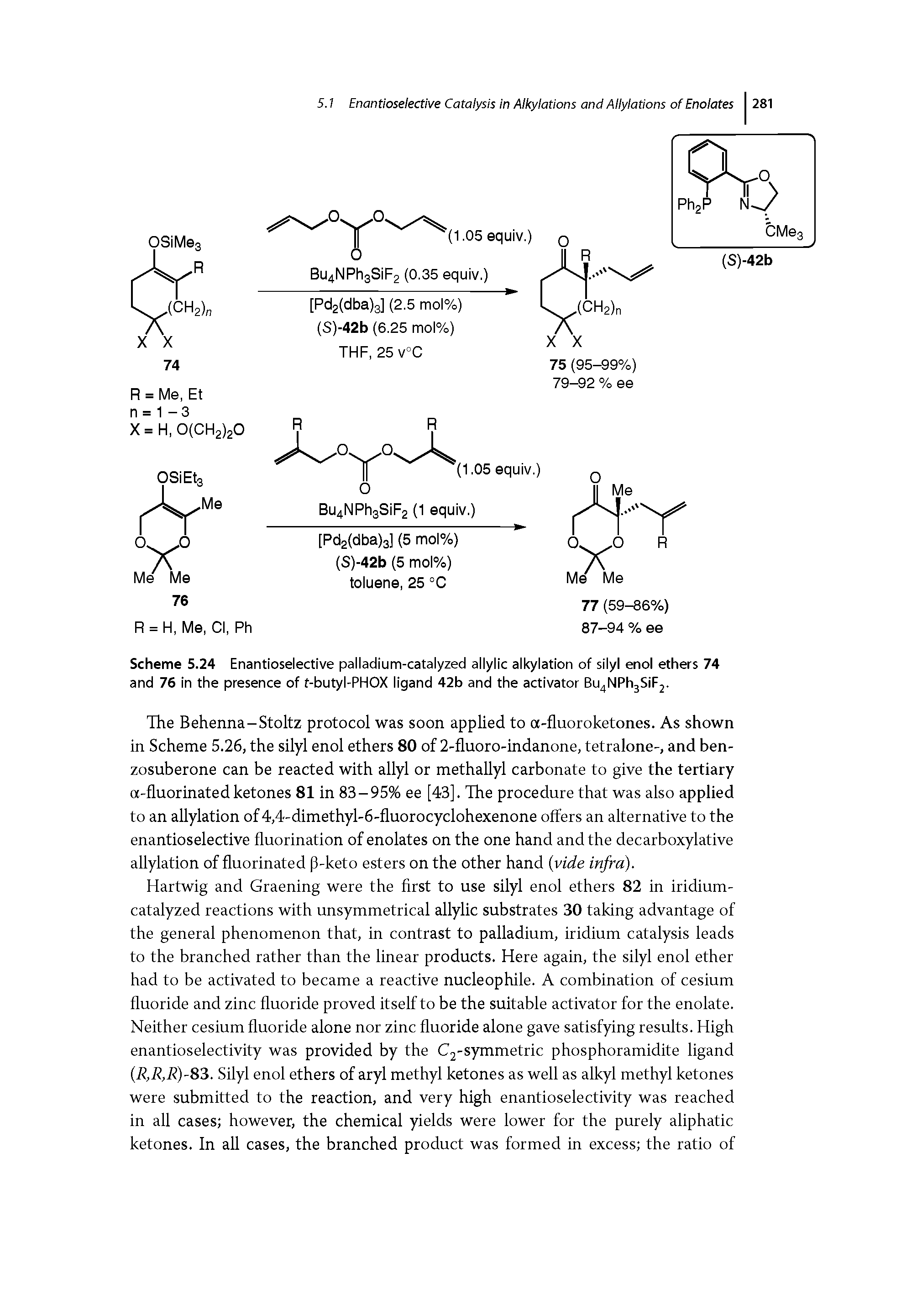 Scheme 5.24 Enantioselective palladium-catalyzed allylic alkylation of silyl enol ethers 74 and 76 in the presence of f-butyl-PHOX ligand 42b and the activator Bu NPhjSiFj.