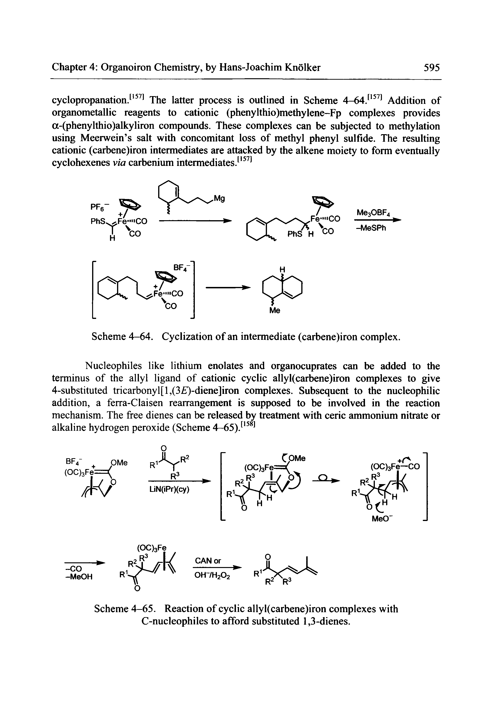 Scheme 4-65. Reaction of cyclic allyl(carbene)iron complexes with C-nucleophiles to afford substituted 1,3-dienes.