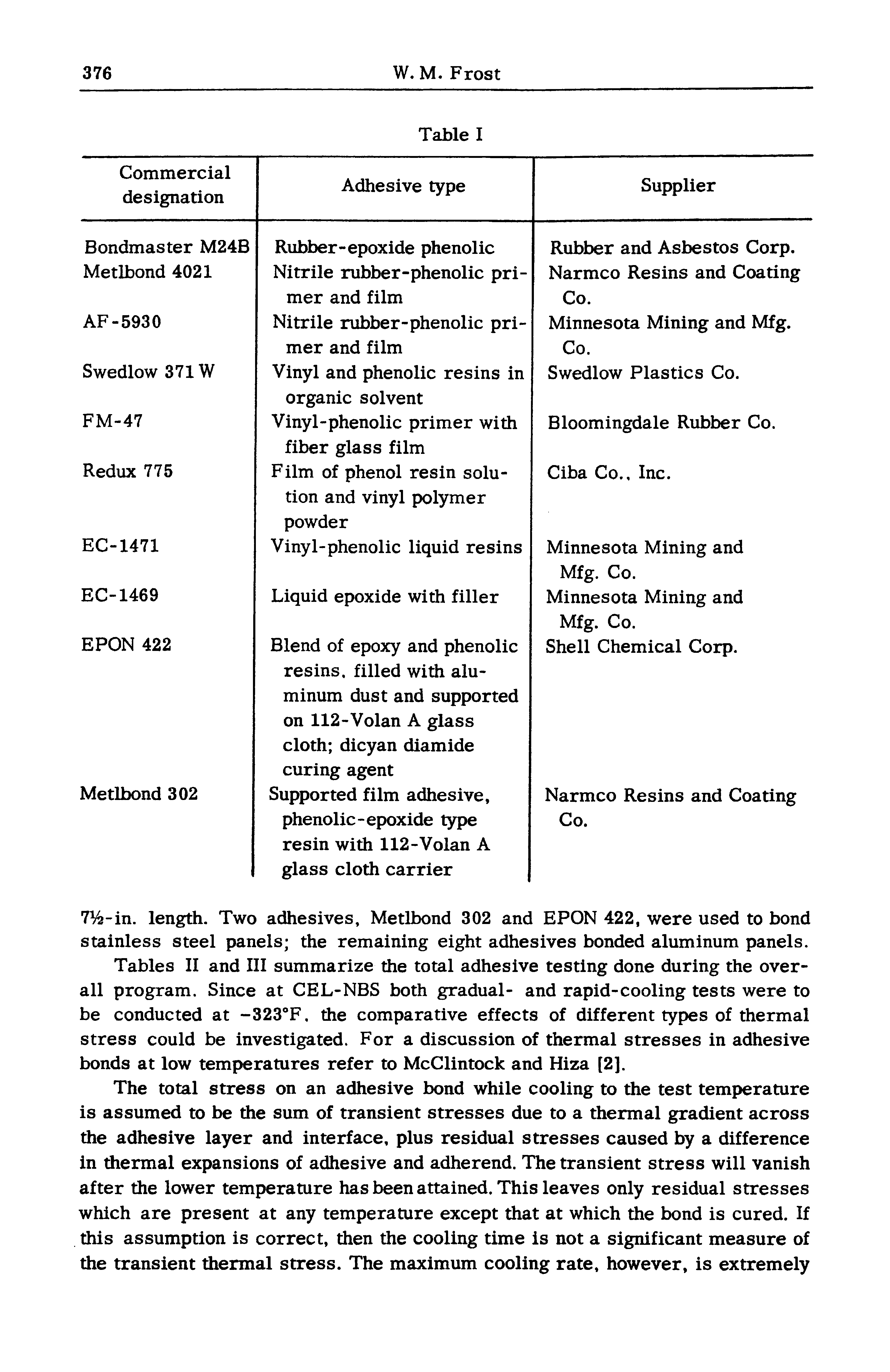 Tables II and III summarize the total adhesive testing done during the overall program. Since at CEL-NBS both gradual- and rapid-cooling tests were to be conducted at -323 F, the comparative effects of different types of thermal stress could be investigated. For a discussion of thermal stresses in adhesive bonds at low temperatures refer to McClintock and Hiza [2].