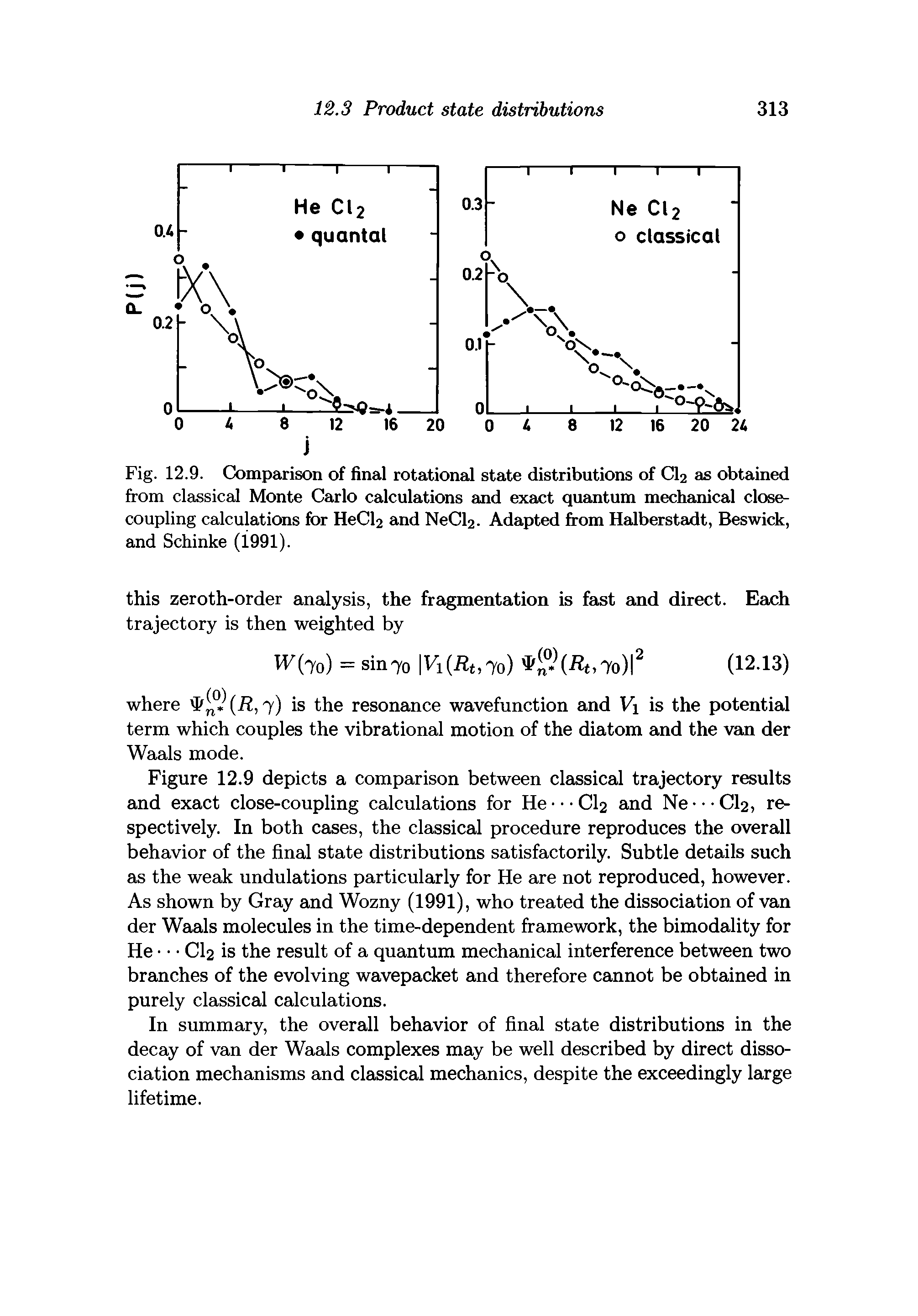 Fig. 12.9. Comparison of final rotational state distributions of CI2 as obtained from classical Monte Carlo calculations and exact quantum mechanical closecoupling calculations for HeCl2 and NeCl2. Adapted from Halberstadt, Beswick, and Schinke (1991).
