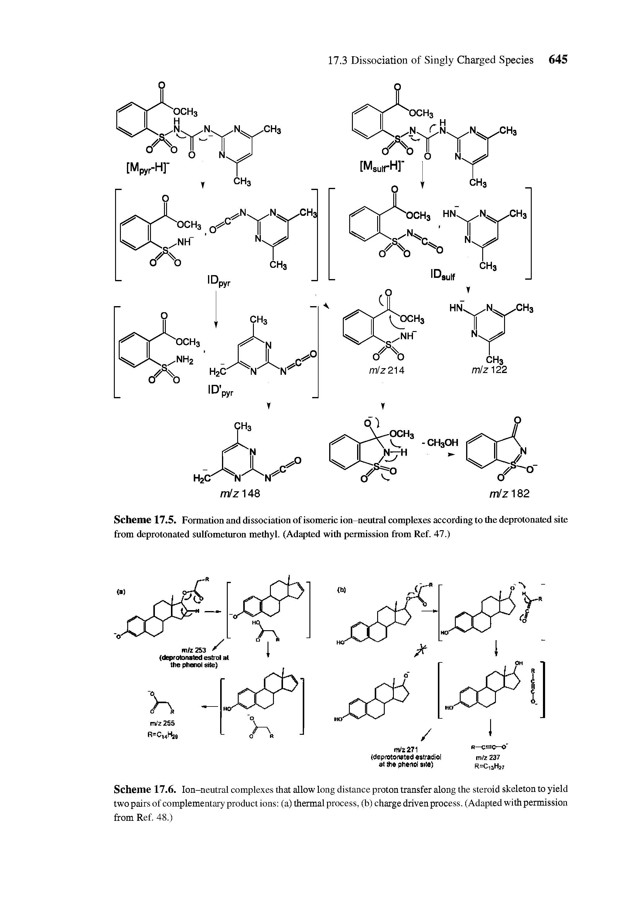 Scheme 17.6. Ion-neutral complexes that allow long distance proton transfer along the steroid skeleton to yield two pairs of complementary product ions (a) thermal process, (b) charge driven process. (Adapted with permission from Ref. 48.)...