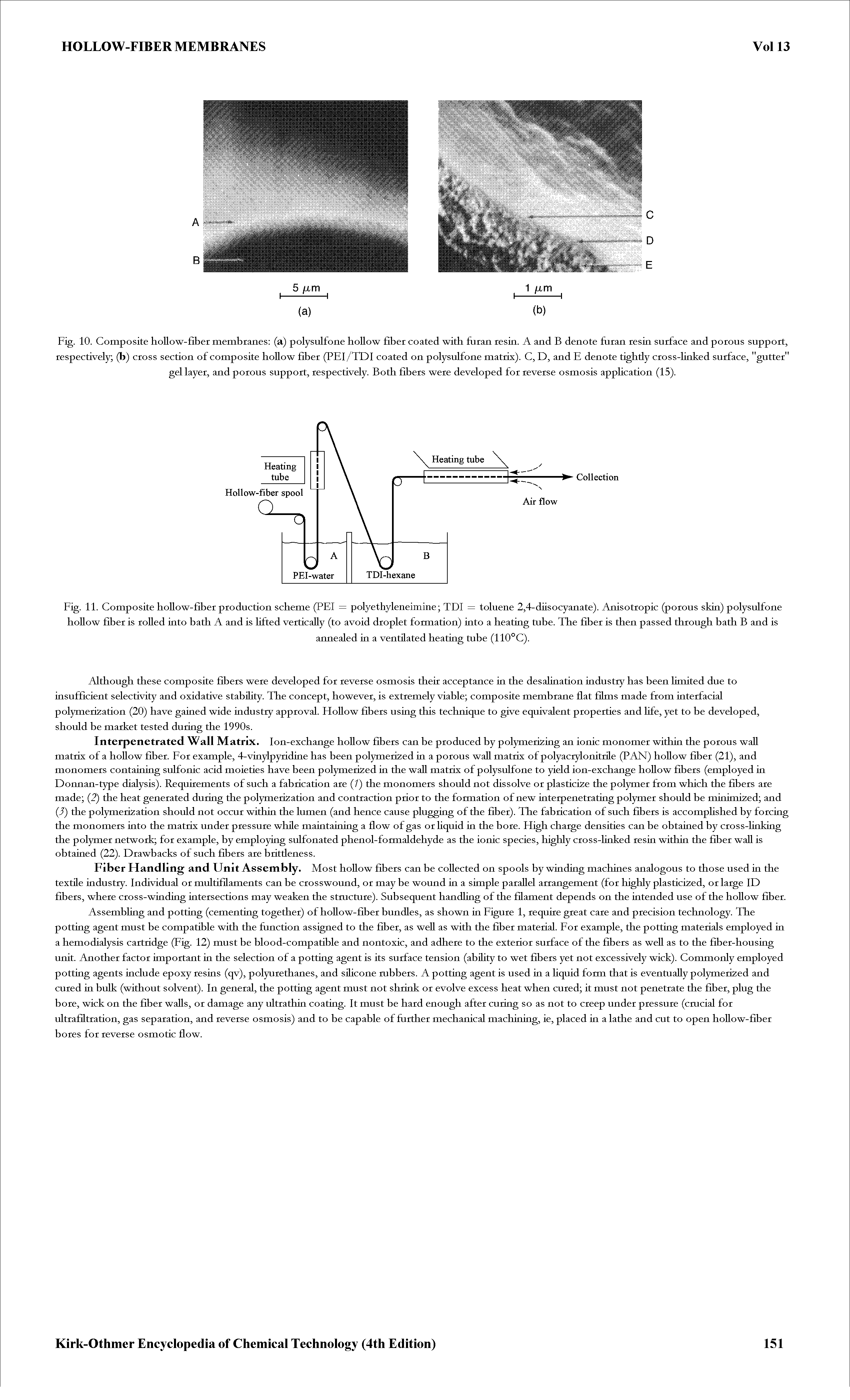 Fig. 10. Composite hoUow-fiber membranes (a) polysulfone boUow fiber coated witb fiiran resin. A and B denote fiiran resin surface and porous support, respectively (b) cross section of composite boUow fiber (PEI/TDI coated on polysulfone matrix). C, D, and E denote tightly cross-linked surface, "gutter" gel layer, and porous support, respectively. Both fibers were developed for reverse osmosis appHcation (15).