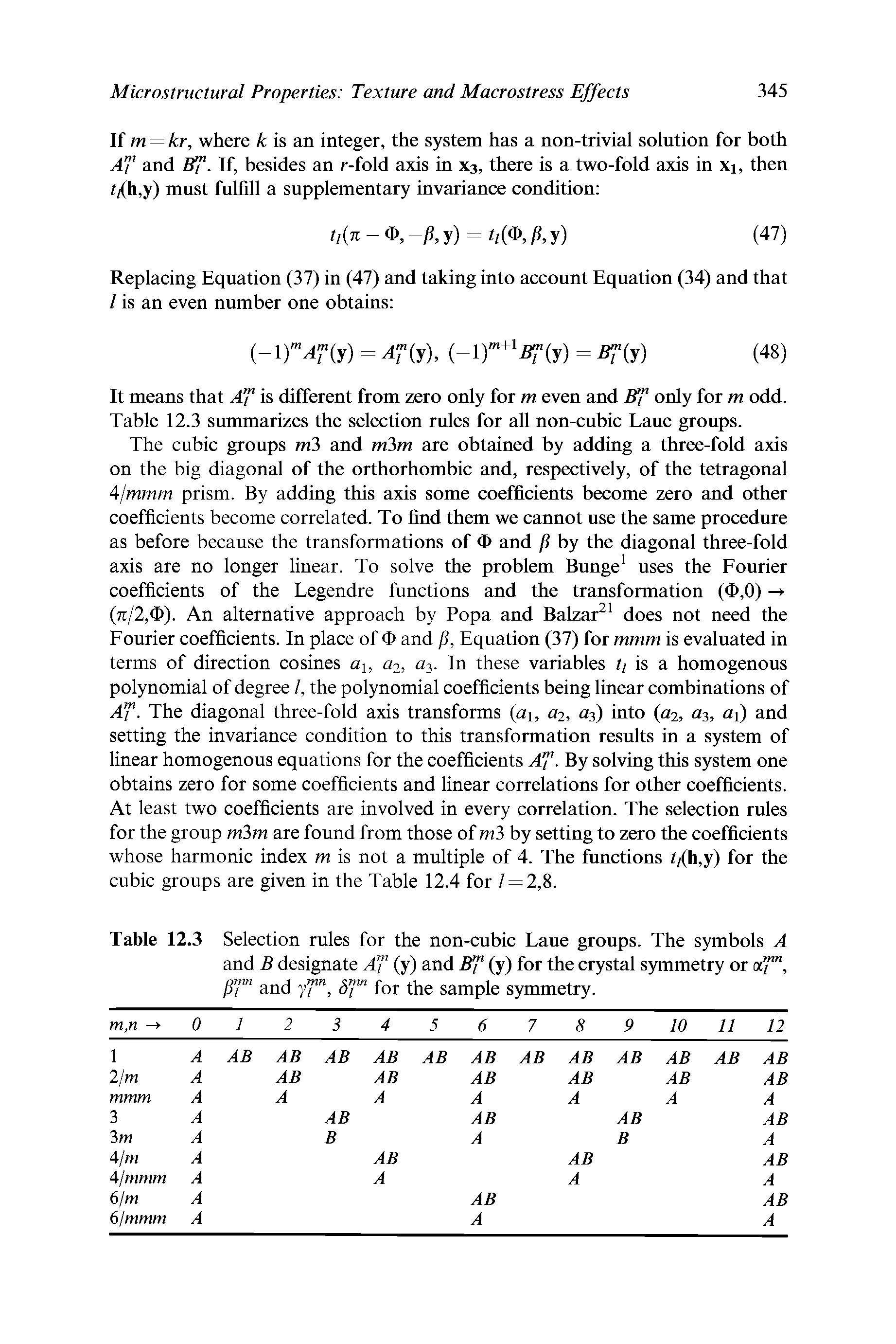 Table 12.3 Selection rules for the non-cubic Laue groups. The symbols A and B designate Af (y) and Bf (y) for the crystal symmetry or of", jS and yT ", for the sample symmetry.