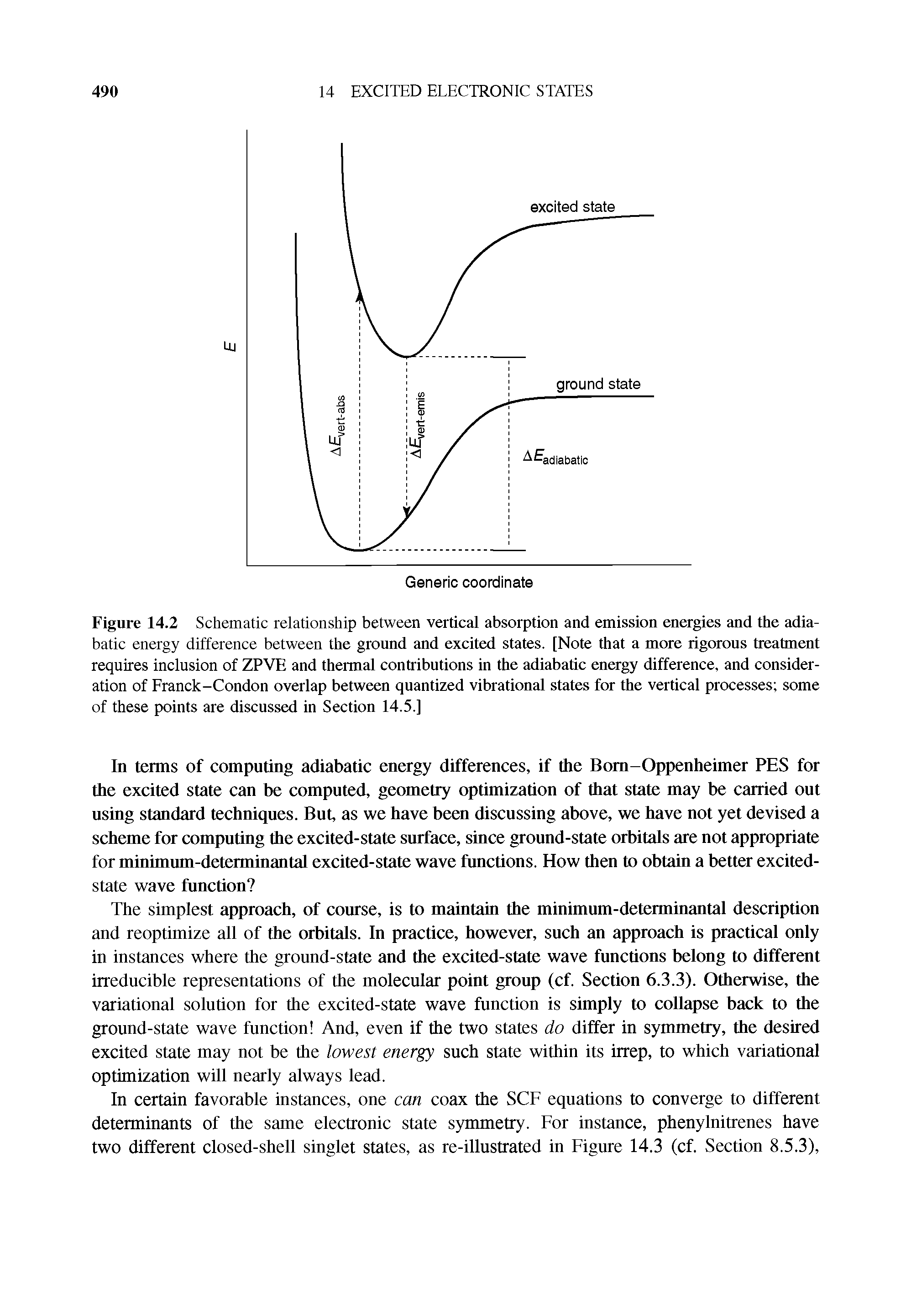 Figure 14.2 Schematic relationship between vertical absorption and emission energies and the adiabatic energy difference between the ground and excited states. [Note that a more rigorous treatment requires inclusion of ZPVE and thermal contiibutions in the adiabatic energy difference, and consideration of Franck-Condon overlap between quantized vibrational states for the vertical processes some of these points are discussed in Section 14.5.]...