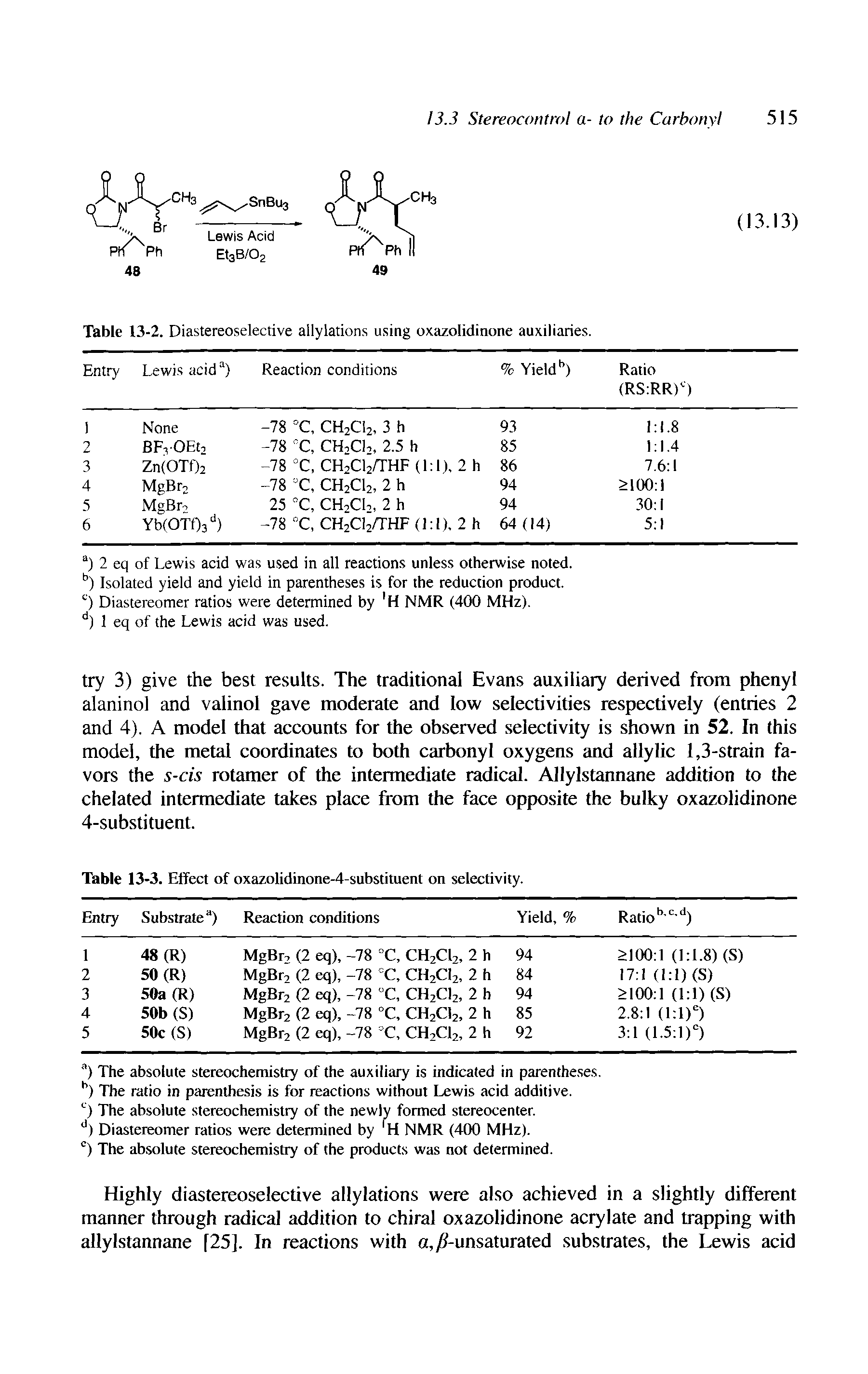 Table 13-2. Diastereoselective allylations using oxazolidinone auxiliaries.