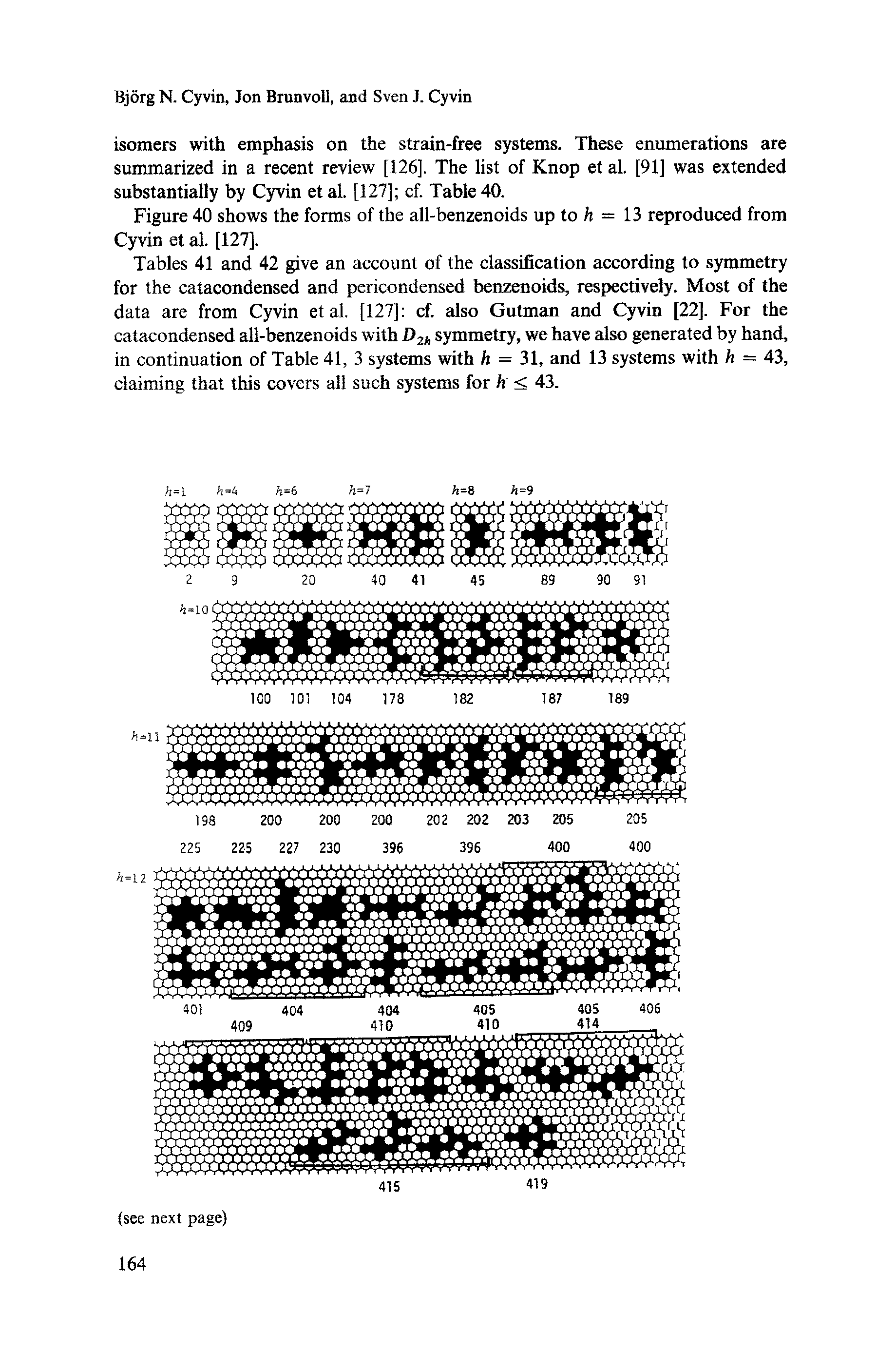 Tables 41 and 42 give an account of the classification according to symmetry for the catacondensed and pericondensed benzenoids, respectively. Most of the data are from Cyvin etal. [127] cf. also Gutman and Cyvin [22], For the catacondensed all-benzenoids with D2h symmetry, we have also generated by hand, in continuation of Table 41, 3 systems with h = 31, and 13 systems with h = 43, claiming that this covers all such systems for h < 43.